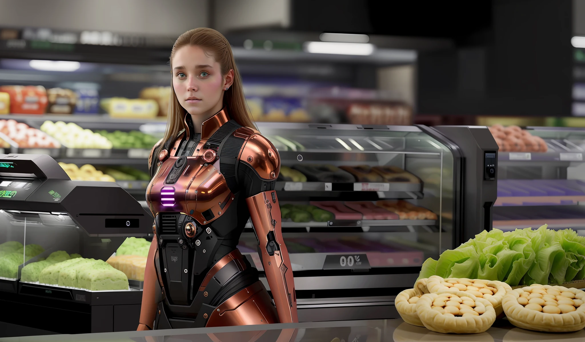 (Masterpies), the best quality, a mesmerizing cyborg girl, she stands at the checkout counter in the grocery store, scans the goods at the checkout, food racks and other customers are visible in the background, neutral dark tone.