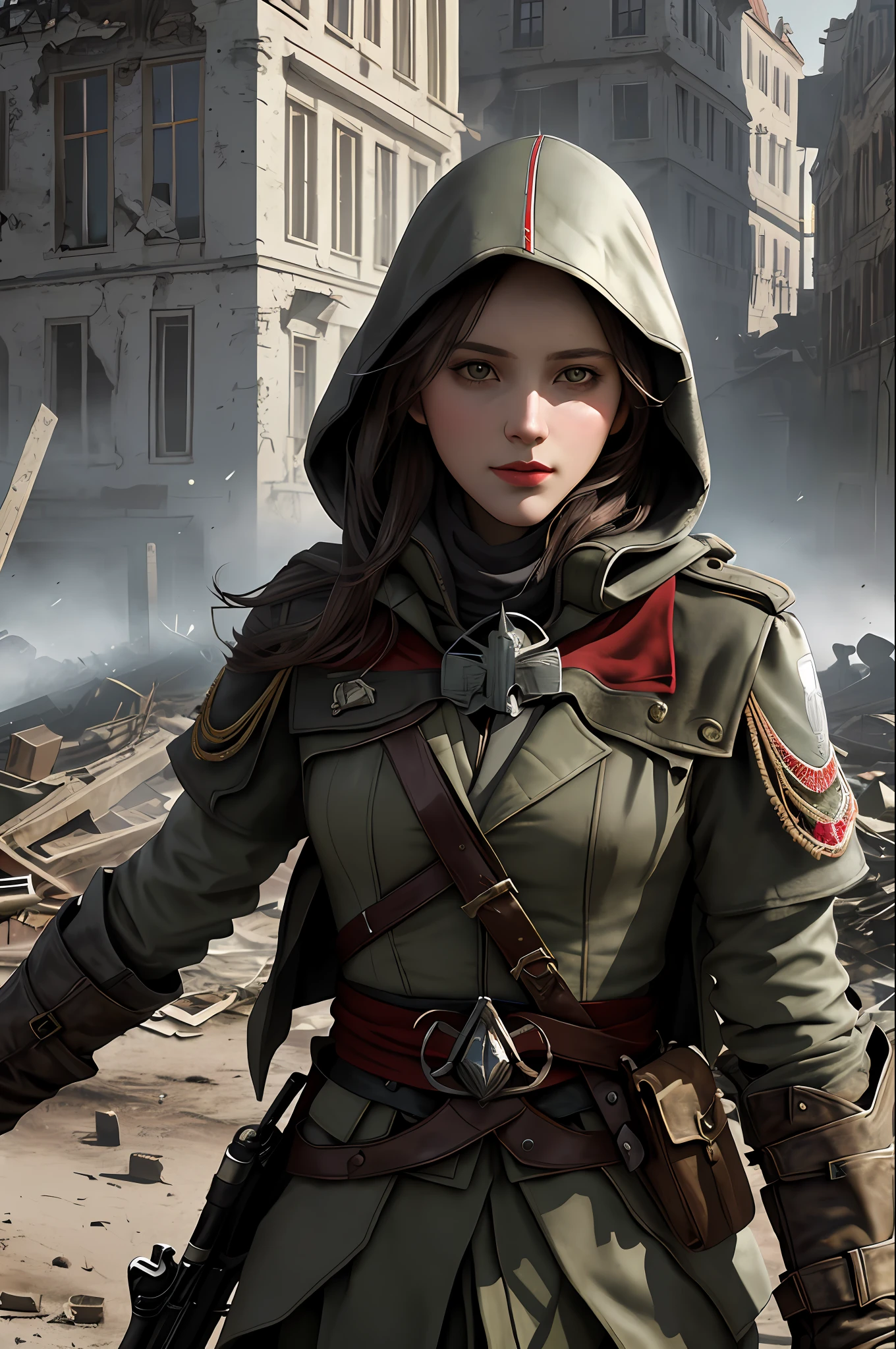 Create a compelling Assassin’s Creed Concept Art piece inspired by the WW2 era, crafted in the style of ultra-realistic visuals with meticulous attention to detail. Portray a young and captivating European girl adorned in a worn Germany military uniform, her face obscured by a hood. Set the scene amidst the haunting aftermath of a battlefield, showcasing the devastation and destruction left in the wake of war. Emphasize the realism and intricacy of the environment, capturing the gritty textures, shattered structures, and somber atmosphere in stunning 8K resolution.