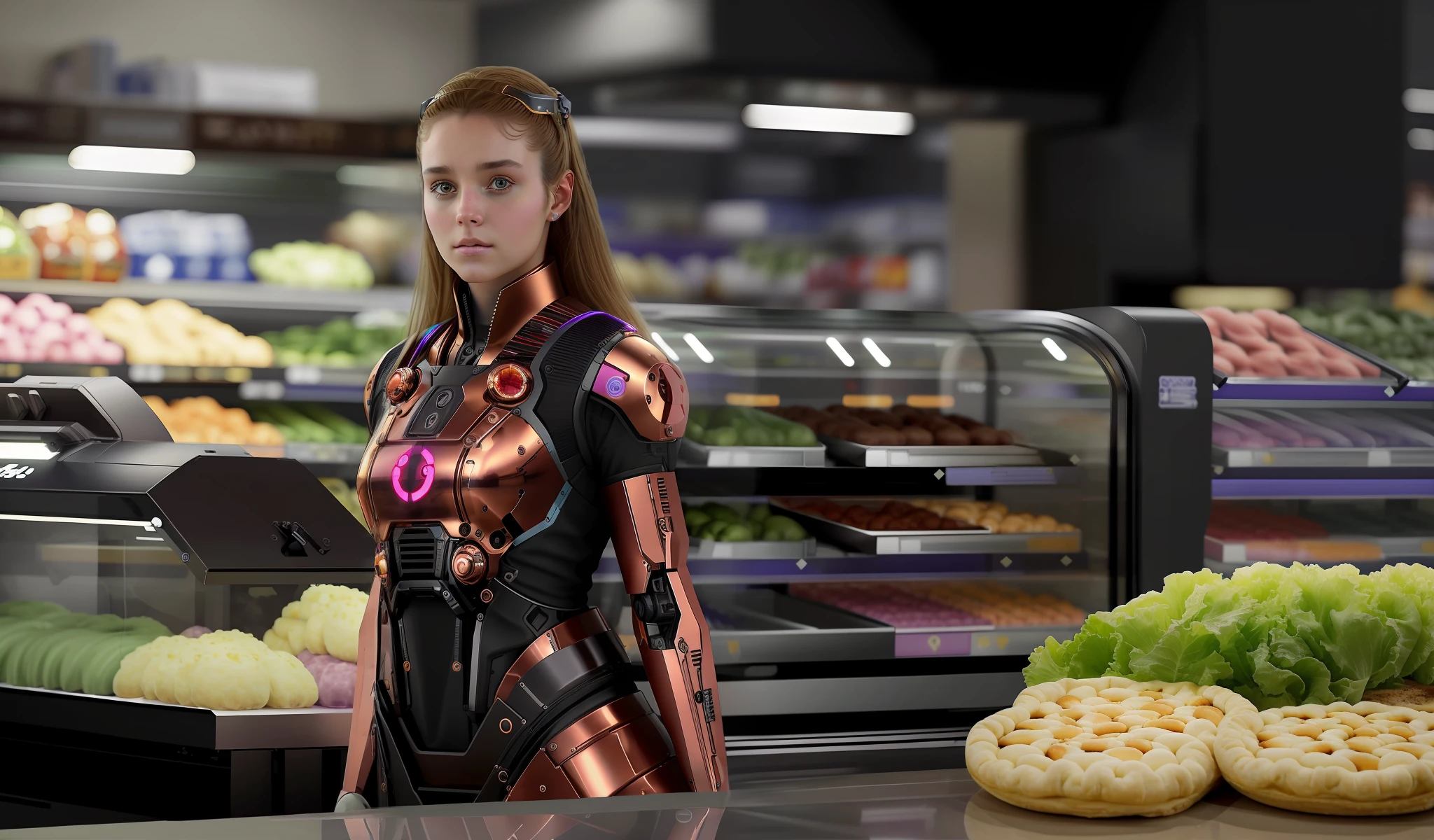 (Masterpies), the best quality, a mesmerizing cyborg girl, she stands at the checkout counter in the grocery store, scans the goods at the checkout, food racks and other customers are visible in the background, neutral dark tone.
