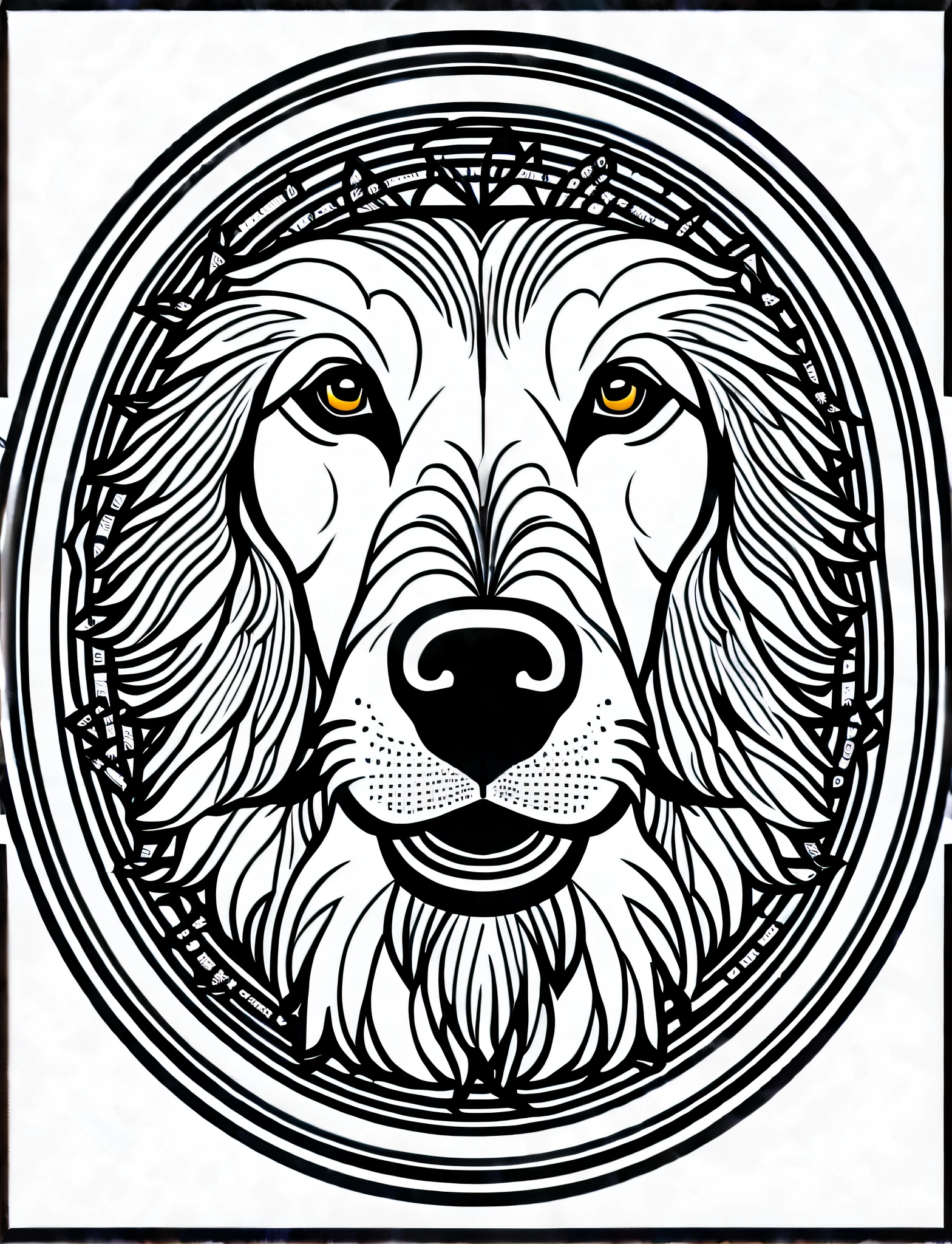 a dog style Pyrenees Mountain Dog, fantasy, magical, mandala, happy, black and white, equal wavy lines, realistic line art drawing, coloring book page, no noise, sharp thick lines, contour art, centered image, isolated on a white background