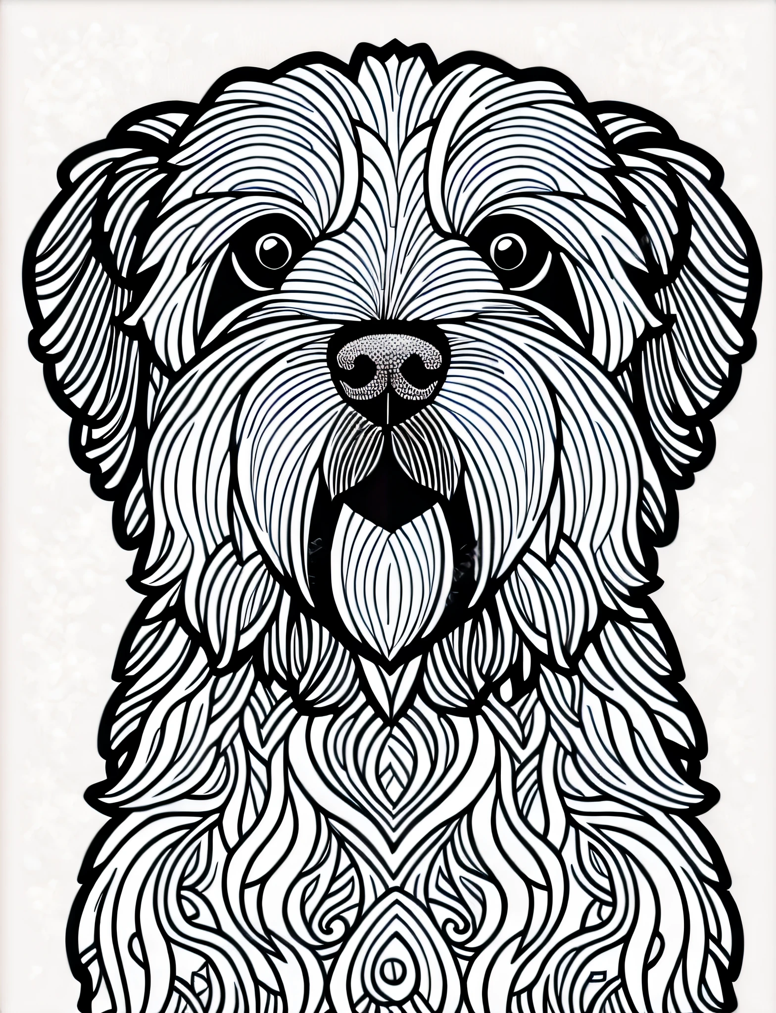 a Bichon Bolognese style dog, fantasy, magical, mandala, happy, black and white, equal wavy lines, realistic line art drawing, coloring book page, no noise, sharp thick lines, contour art, centered image, isolated on a white background