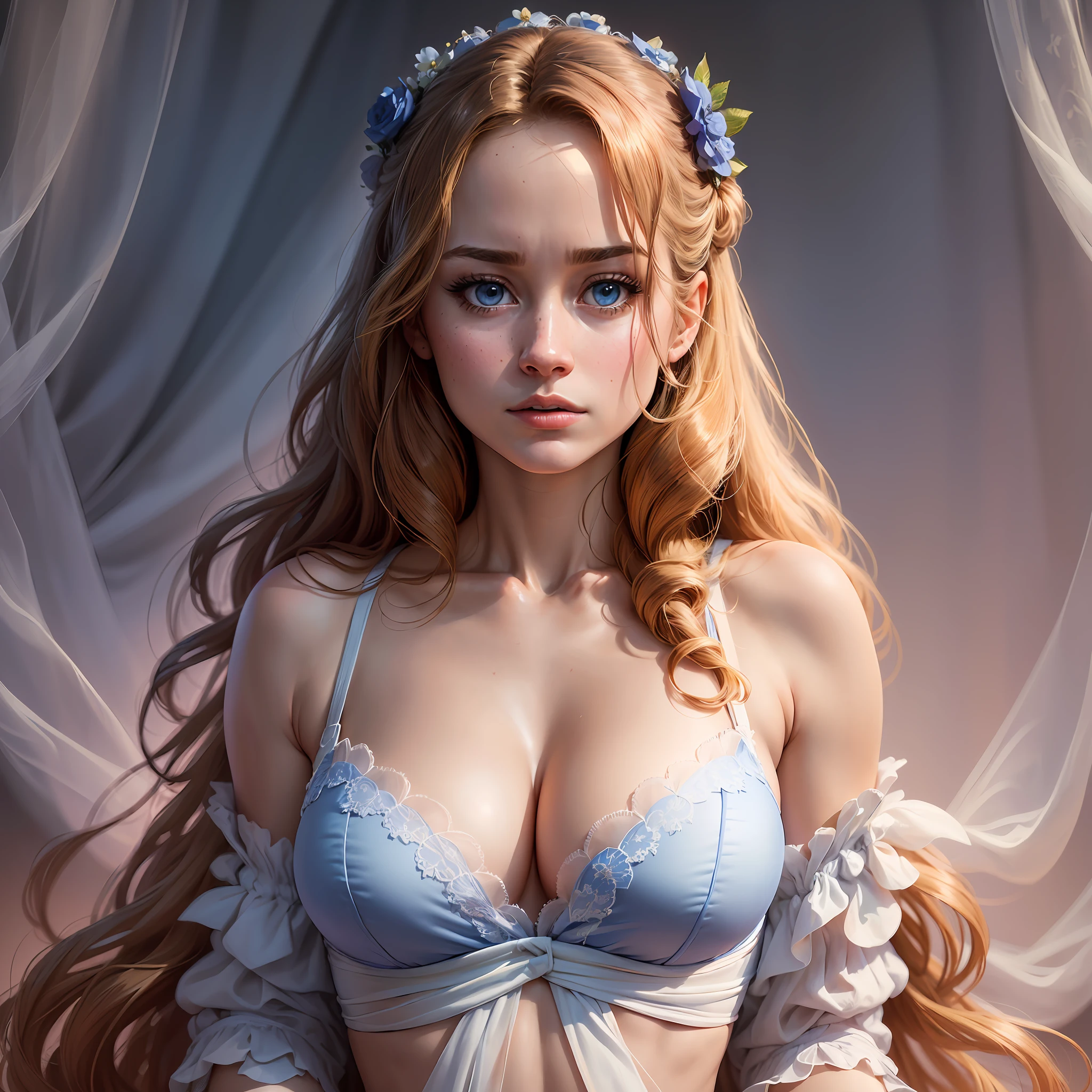 (masterpiece, ultra-detailed, best quality, beautiful and delicate, portrait shot, dynamic angle, medium hair, undergarment, sexy, cleavage, emphasis on chest),(female, Brie Larson:1.2, blue eyes, glamorous expression) --auto --s2