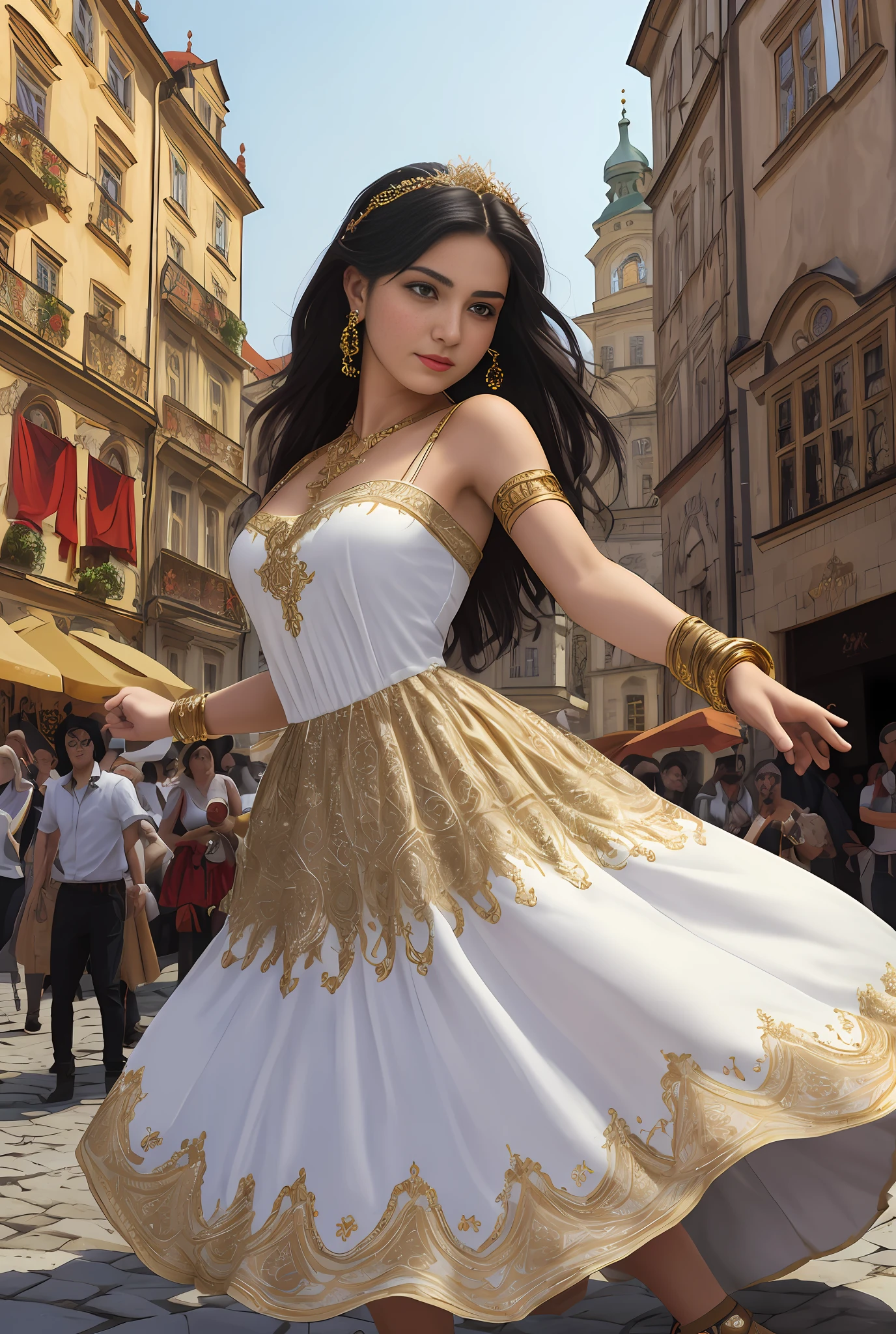 (masterpiece, best quality, realistic),
1girl,Prague Old Town Square background, gypsy dress, dancing, intricate, dark white dress, gold, gypsy person, banquet, crowd, picking up skirt,pale skin,
[slight smile],