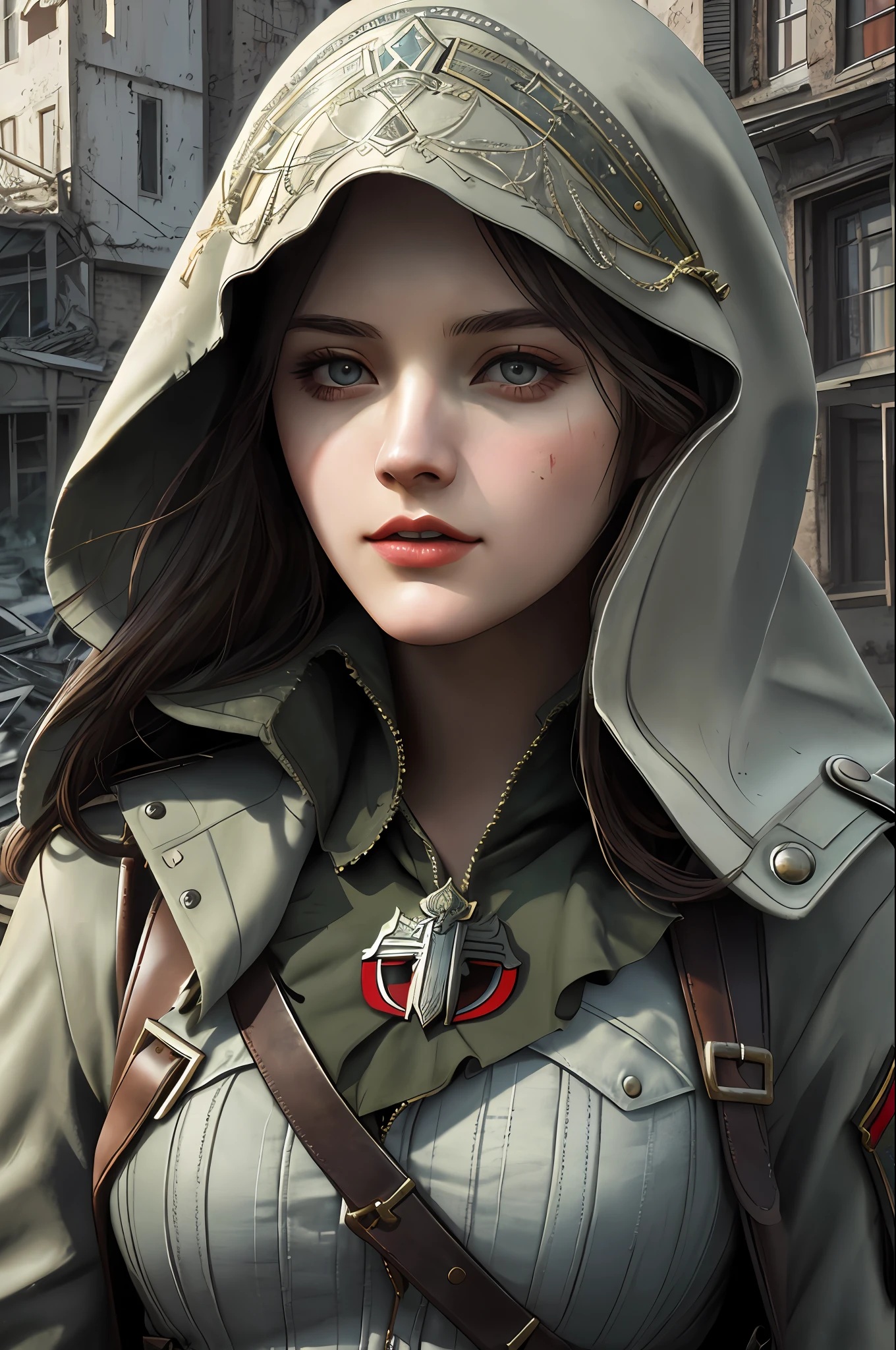 Create a compelling Assassin’s Creed Concept Art piece inspired by the WW2 era, crafted in the style of ultra-realistic visuals with meticulous attention to detail. Portray a young and captivating European girl adorned in a worn Germany military uniform, her face obscured by a hood. Set the scene amidst the haunting aftermath of a battlefield, showcasing the devastation and destruction left in the wake of war. Emphasize the realism and intricacy of the environment, capturing the gritty textures, shattered structures, and somber atmosphere in stunning 8K resolution.