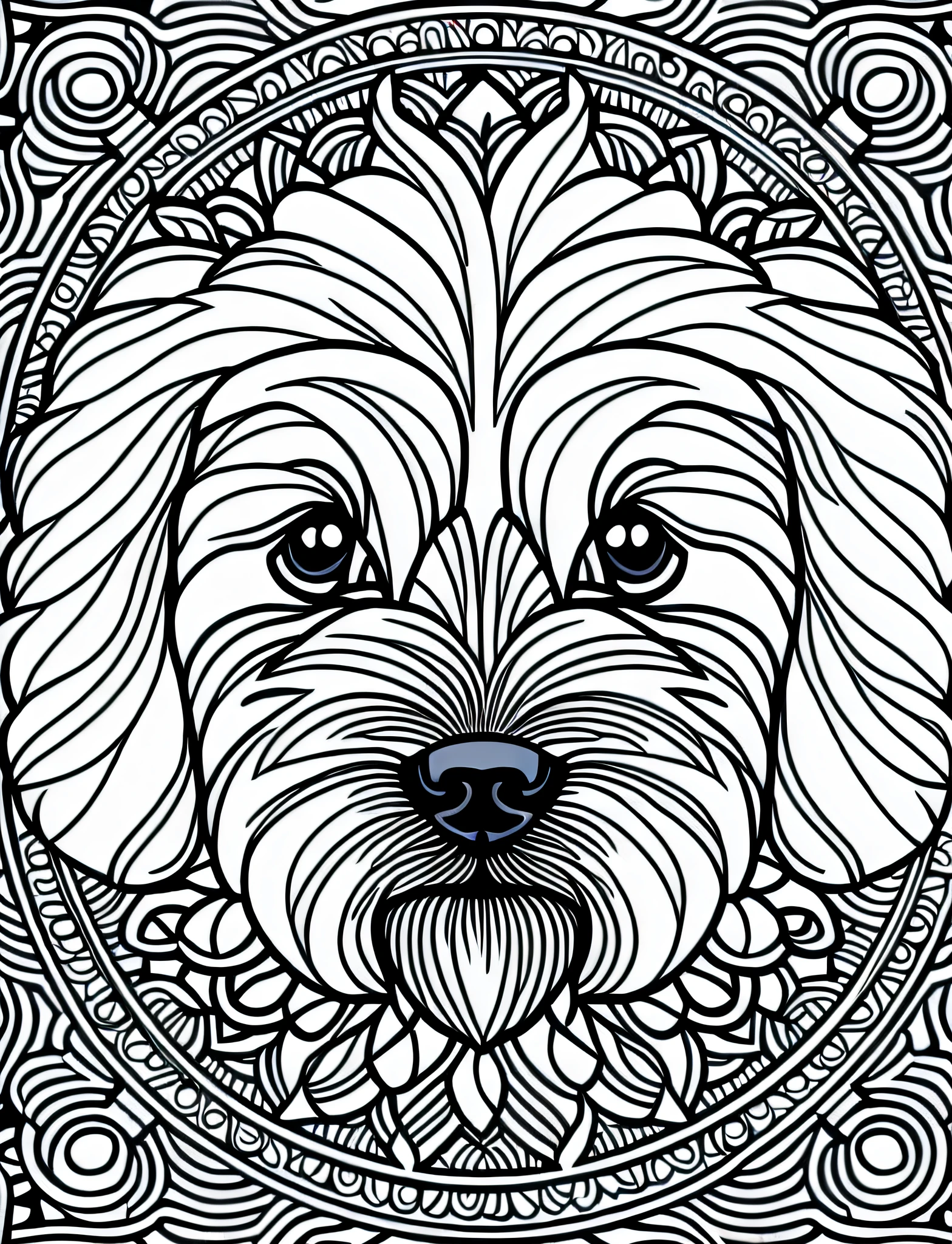 a Bichon Bolognese style dog, fantasy, magical, mandala, happy, black and white, equal wavy lines, realistic line art drawing, coloring book page, no noise, sharp thick lines, contour art, centered image, isolated on a white background