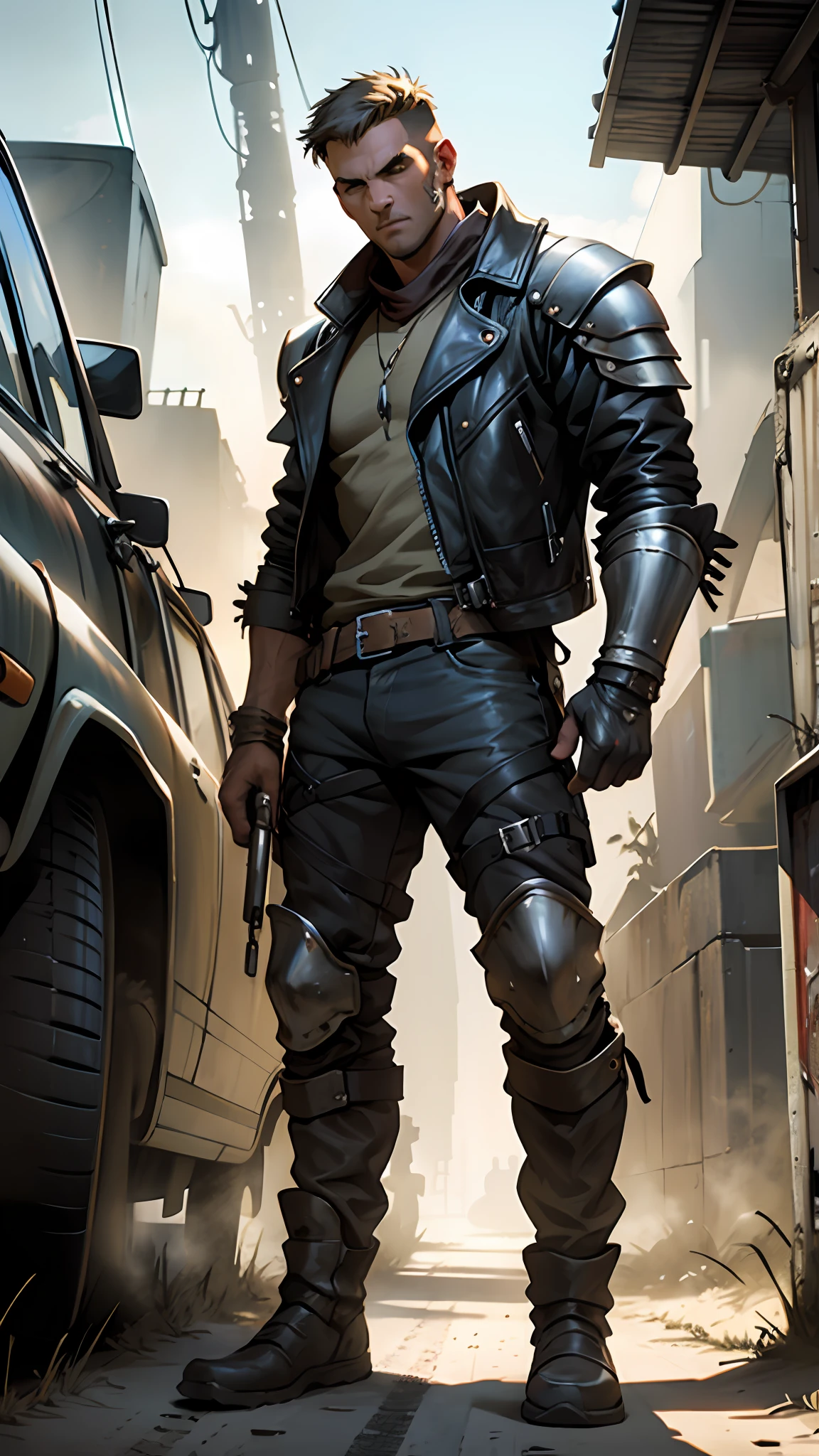 A cool guy wearing jacket and light armor, in mad max style, full body shot