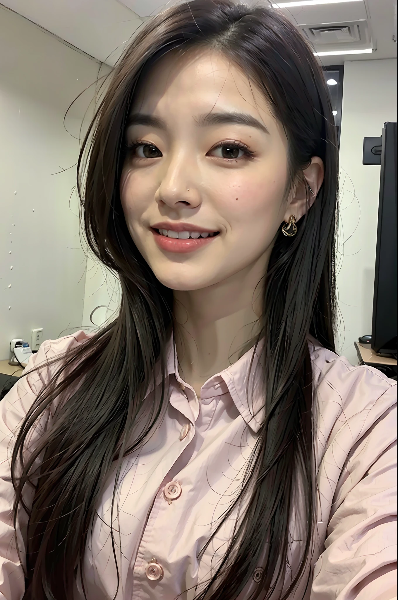 (8k, top quality, masterpiece: 1.2), (realistic, photorealistic: 1.37), super detailed, woman 1, beauty, solo, ophthalmologist, detailed eye exam room, sitting, (blush), (smile that cannot hide joy), small breasts, fine and beautiful eyes, (collared shirt: 1.1), office clothes slightly open at chest, (black hair long), floating hair NovaFrogStyle,