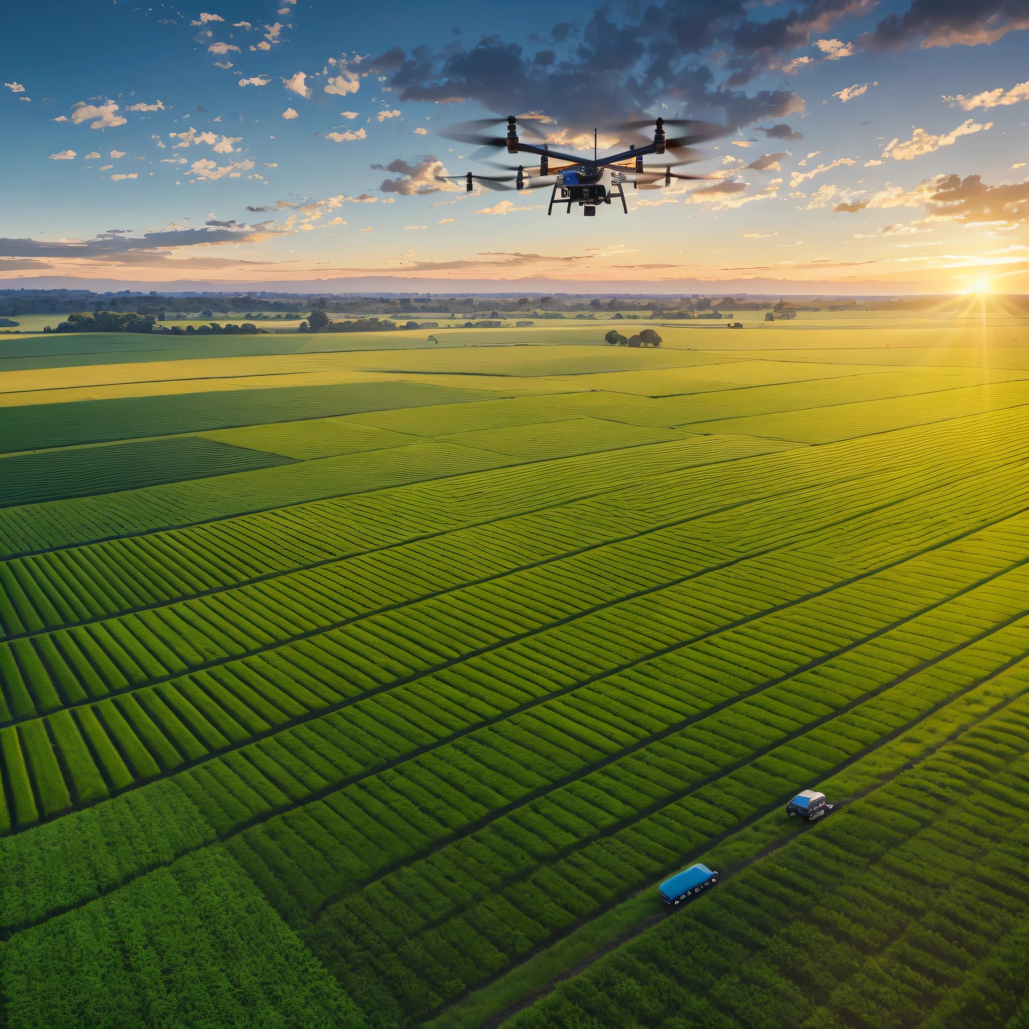 Imagine a scene of a modern farm in full activity, illuminated by the setting sun. In the center of the image, a rugged, experienced farmer, dressed in work clothes, looks up, watching a high-tech drone hovering in the sky. The drone, shining in the sunlight, is equipped with cameras and sensors, representing the fusion of agriculture and technology. The surrounding farm is green and fertile, with rows of plantations stretching to the horizon. Use a high-resolution DSLR camera, such as the Canon EOS 5D Mark IV, with a 50mm lens to capture this scene in vivid detail. The lighting should be natural, with the setting sun providing a golden glow to the scene. The colors should be rich and saturated, with vibrant greens of the plantations and the sky clear blue. The composition should be balanced, with the farmer and the drone in the center, and the vast farm stretching around them. --Air 16:9 --V 5.1 --Style Raw --Q 2 --s 750 --auto --s2