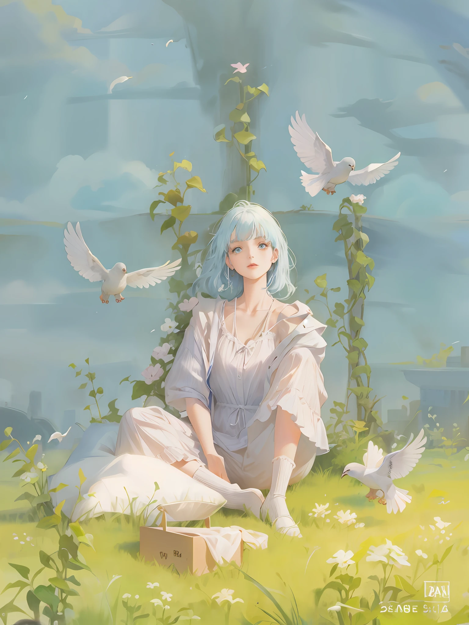 Clothes details, blue sky details, wooden box details, pigeon details, face details, plant details, sky details