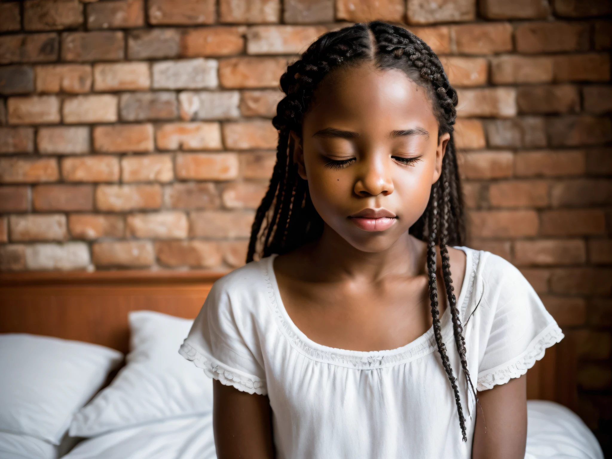 Portrait of a young girl of beautiful beautiful face perfect petit te she ippy, very beautiful African, praying eyes closed, in bed, (when humble, walls appearing the bricks, simple house, very blurred background, clear: 1.2)