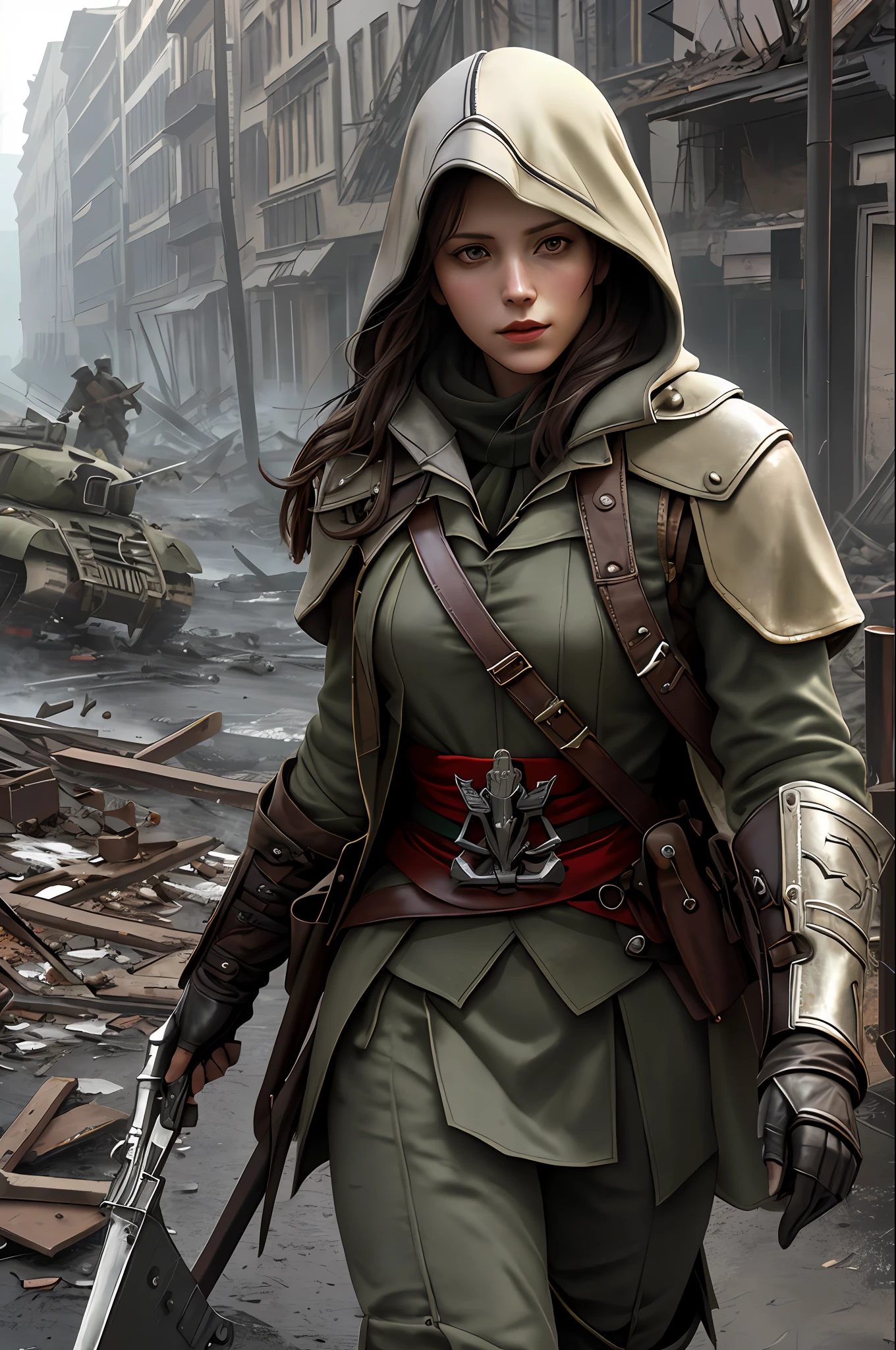Create a compelling Assassin’s Creed Concept Art piece inspired by the WW2 era, crafted in the style of ultra-realistic visuals with meticulous attention to detail. Portray a young and captivating European girl adorned in a worn Germany military uniform, her face obscured by a hood. Set the scene amidst the haunting aftermath of a battlefield, showcasing the devastation and destruction left in the wake of war. Emphasize the realism and intricacy of the environment, capturing the gritty textures, shattered structures, and somber atmosphere in stunning 8K resolution.