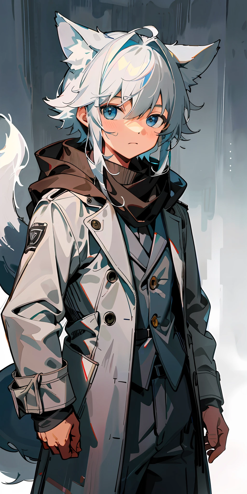 1boy, a, (HD quality, masterpiece level), fresh and cold teenage characters, wolf ears and wolf tail highlight the character's sense of belonging, blue eyes and dark gray hair echo each other, the clean lines of the white-gray military trench coat show the character's modesty and confidence, brown scarf and black boots are rigid and soft, as if ready to go. The whole picture is simple and atmospheric, and the high and cold temperament is respectful. No background, white screen, slightly toned, HD, masterpiece, white background, dark gray hair, blue eyes, (wolf ears), (wolf tail), slim white-gray military trench coat, no hood, brown scarf, black boots, one tail, little boy, covering ears, hair covering ears, face to camera