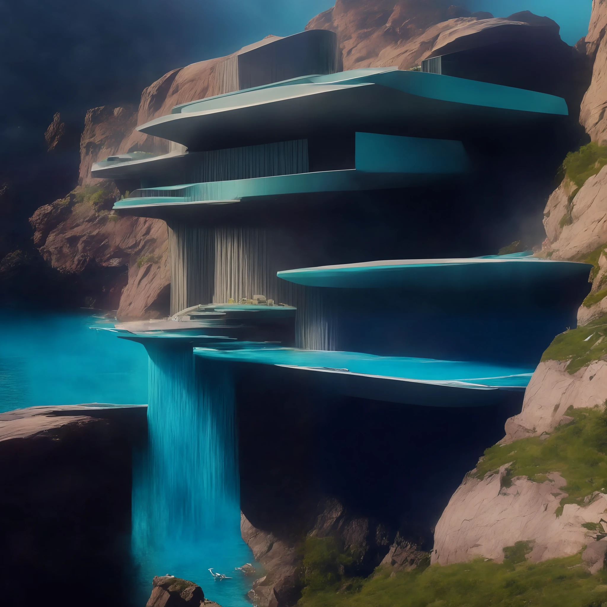 a modern futuristic design large cliff House's with a artificial waterfall and a pool in the middle, nature meets architecture, built around blue ocean, realistic beehive architecture, organic architecture, very close to real nature, breathtaking render, island with cave, stunning architecture, luxury architecture, realistic fantasy render, by Zha Shibiao, epic and stunning, architectural visualization, epic architecture, concept art. 8 k