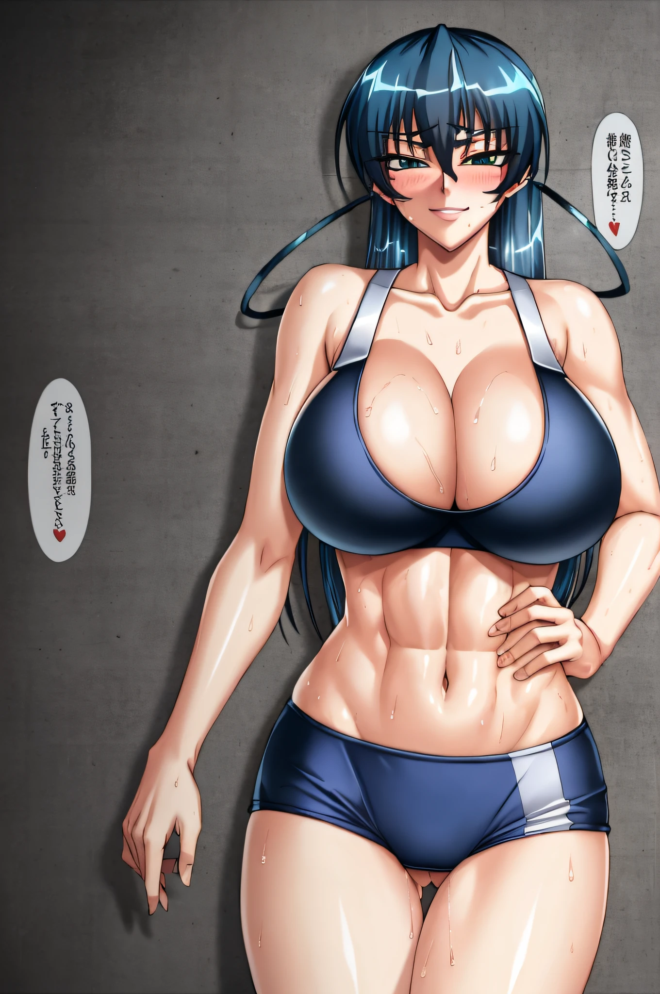 masterpiece, top quality, asagi, one girl, breasts, solo, sweat, sports bra, big, cleavage, navel, epigastric, smile, abs, toned, viewer look, hands on the waist, blush, huge, blue hair, long hair, bangs, hair between the eyes, green eyes,erect,pubic hair