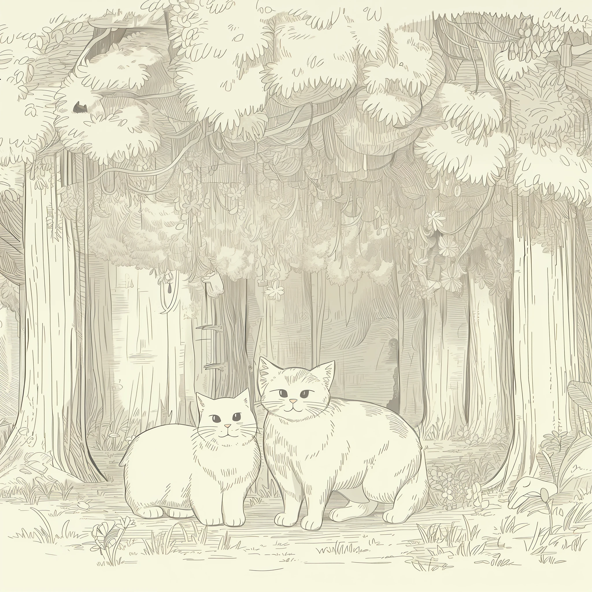 (High quality, 8k) line drawing, lineart, black and white, cute and fluffy cat in the forest with trees and flowers