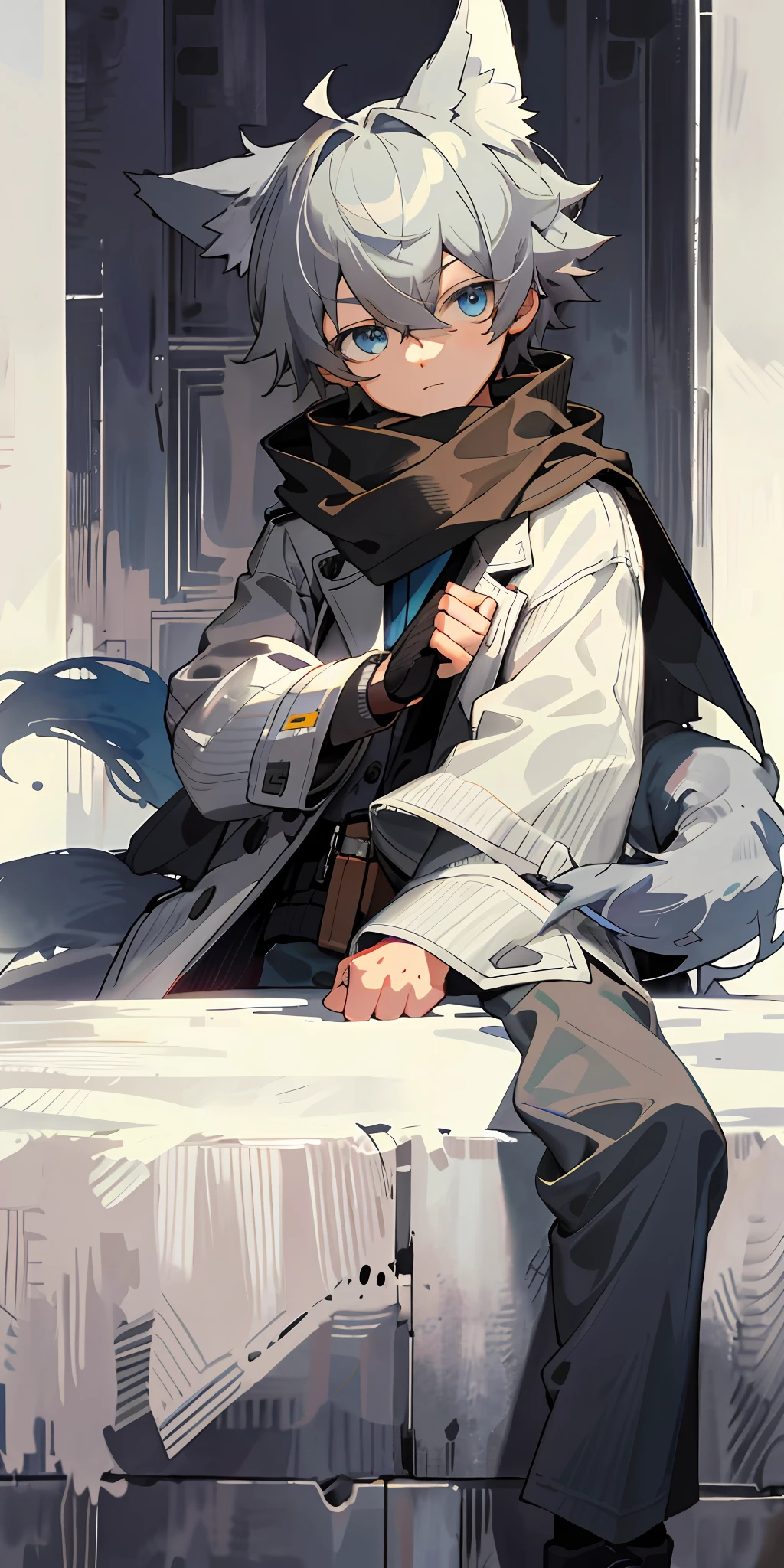 1boy, shota, (HD quality, masterpiece level), fresh and cold teenage characters, wolf ears and wolf tail highlight the character's sense of belonging, blue eyes and dark gray hair echo each other, the clean lines of the white-gray military trench coat show the character's modesty and confidence, brown scarf and black boots are rigid and soft, as if ready to go. The whole picture is simple and atmospheric, and the high and cold temperament is respectful. No background, white screen, slightly toned, HD, masterpiece, white background, dark gray hair, blue eyes, (wolf ears), (wolf tail), slim white-gray military trench coat, no hood, brown scarf, black boots, one tail, little boy, covering ears, hair covering ears, face to camera