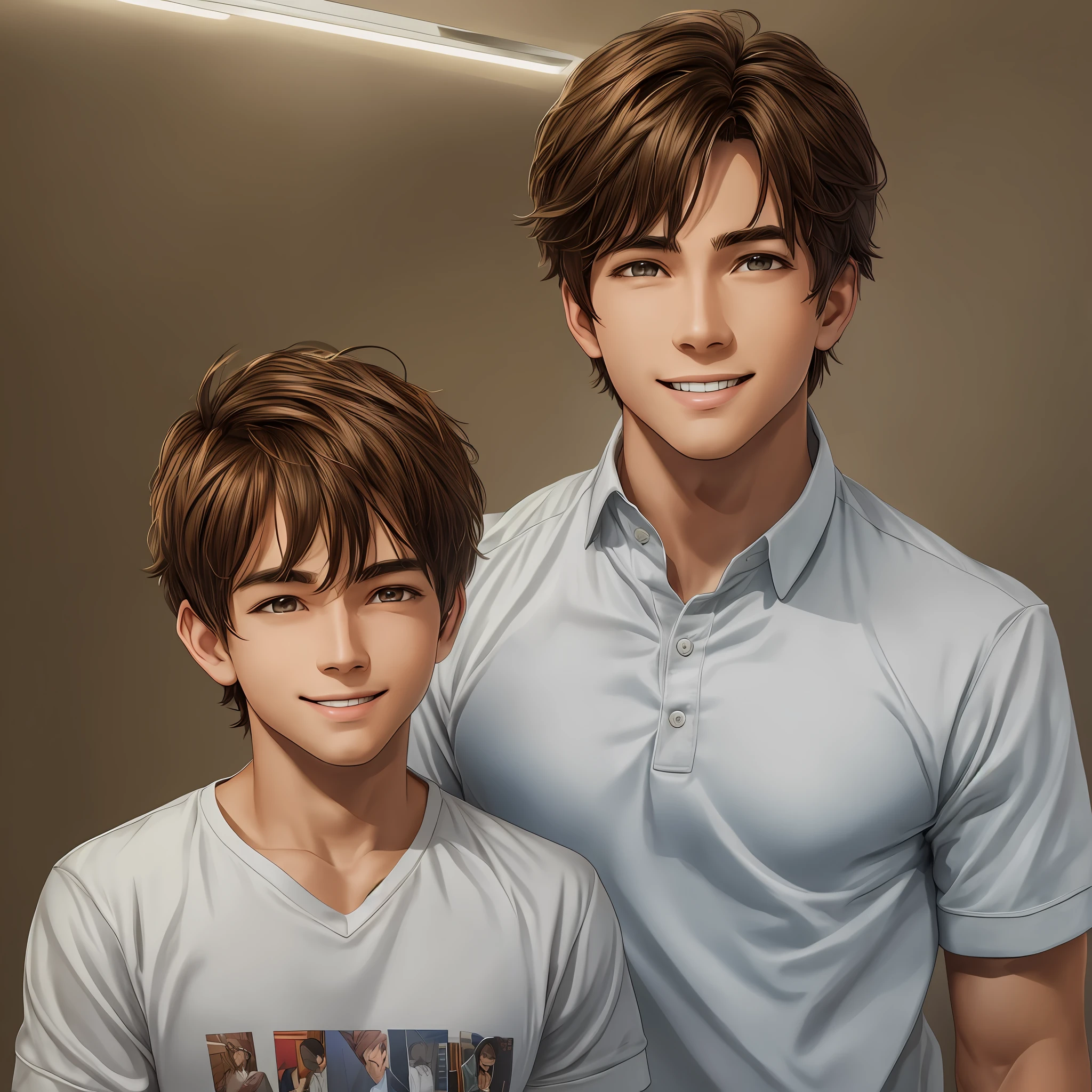 A handsome young boy of 14 years, next to two young man of 15 years, hyper-realism, real person, realistic, ultra high definition, high resolution, with pop artist clothes, firm and sexy breasts, square face, short wavy hair, brown eyes, confident and cheeky, no white backlight, sexy smile, on white background, making a funny and smiling pose, frontal, full-body shot, male figure made in anime --auto --s2