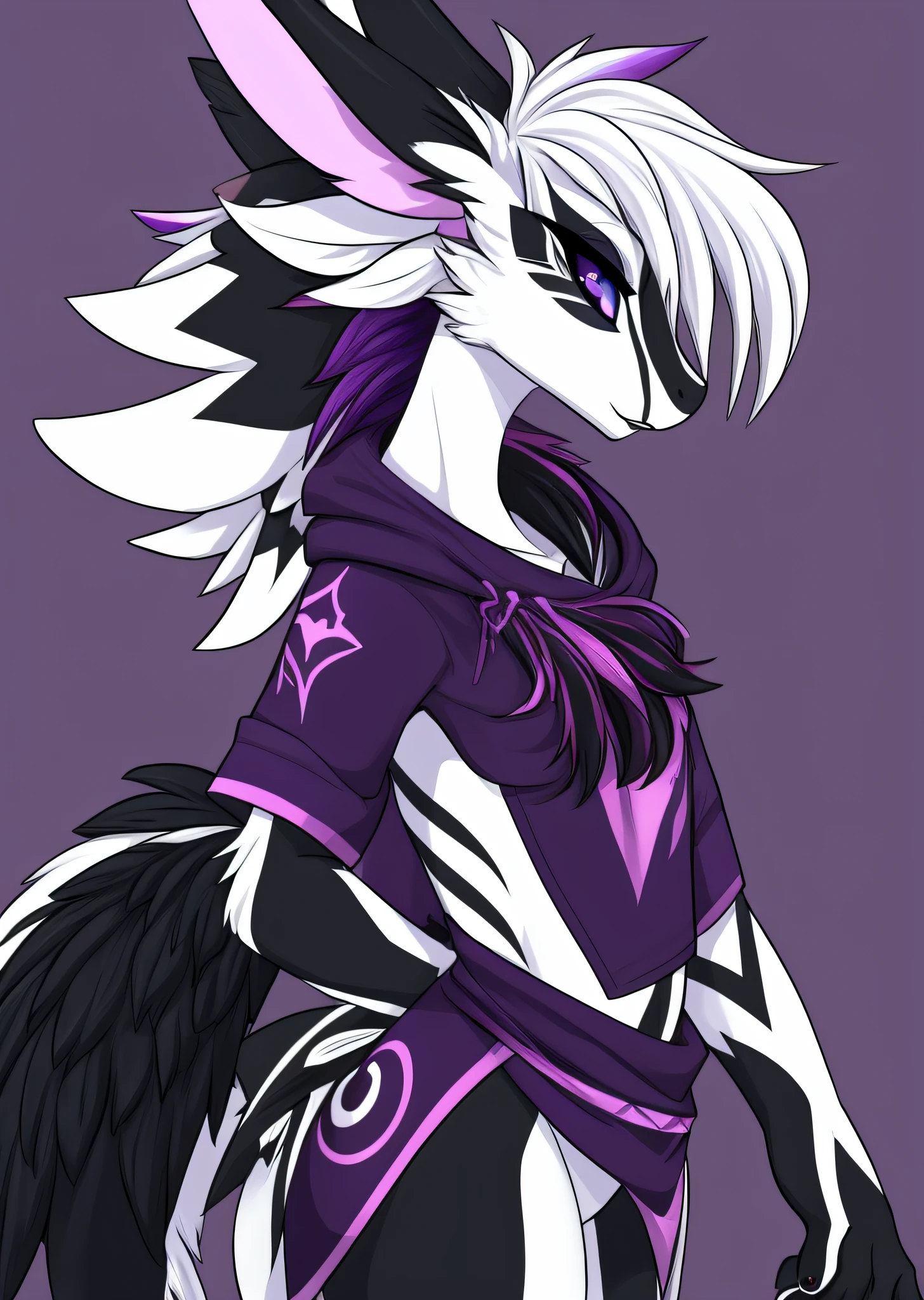 Avali black and white fursona, discord pfp, purple accents, Javali, sideswept hair,