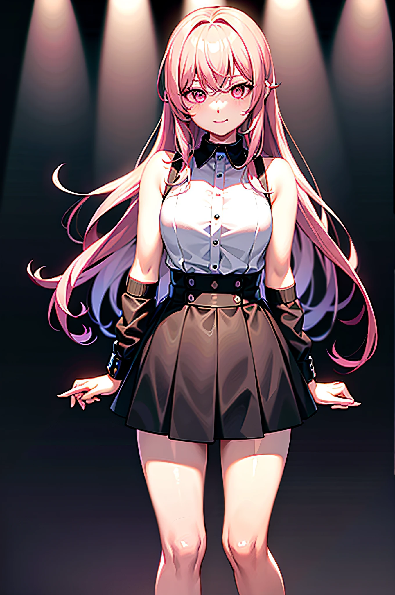 best quality, ultra high res, 1girl, sleeveless pink button shirt, black skirt, black choker, very cute, (Kpop idol), (aegyo sal:1), (light pink hair:1), ((puffy eyes)), looking at viewer, full body, facing front