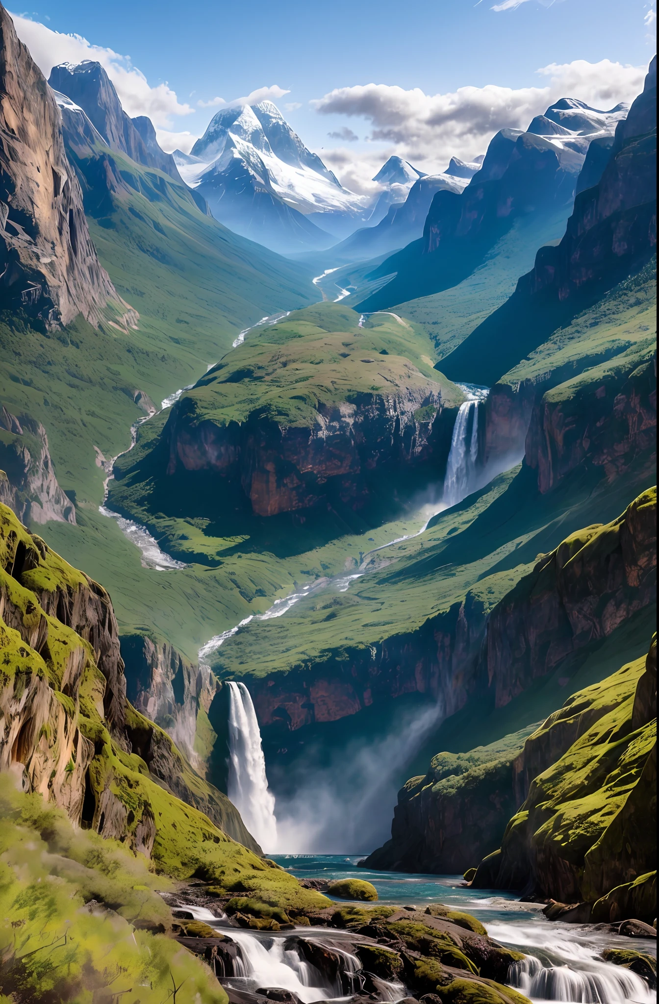"A stunning POV scene of an awe-inspiring mountain range towering over a roaring waterfall, captured with ultra-realistic 8K detail and enhanced with intricate sketches . The breathtaking landscape is perfectly balanced with a subtle touch, offering a truly immersive viewing experience."