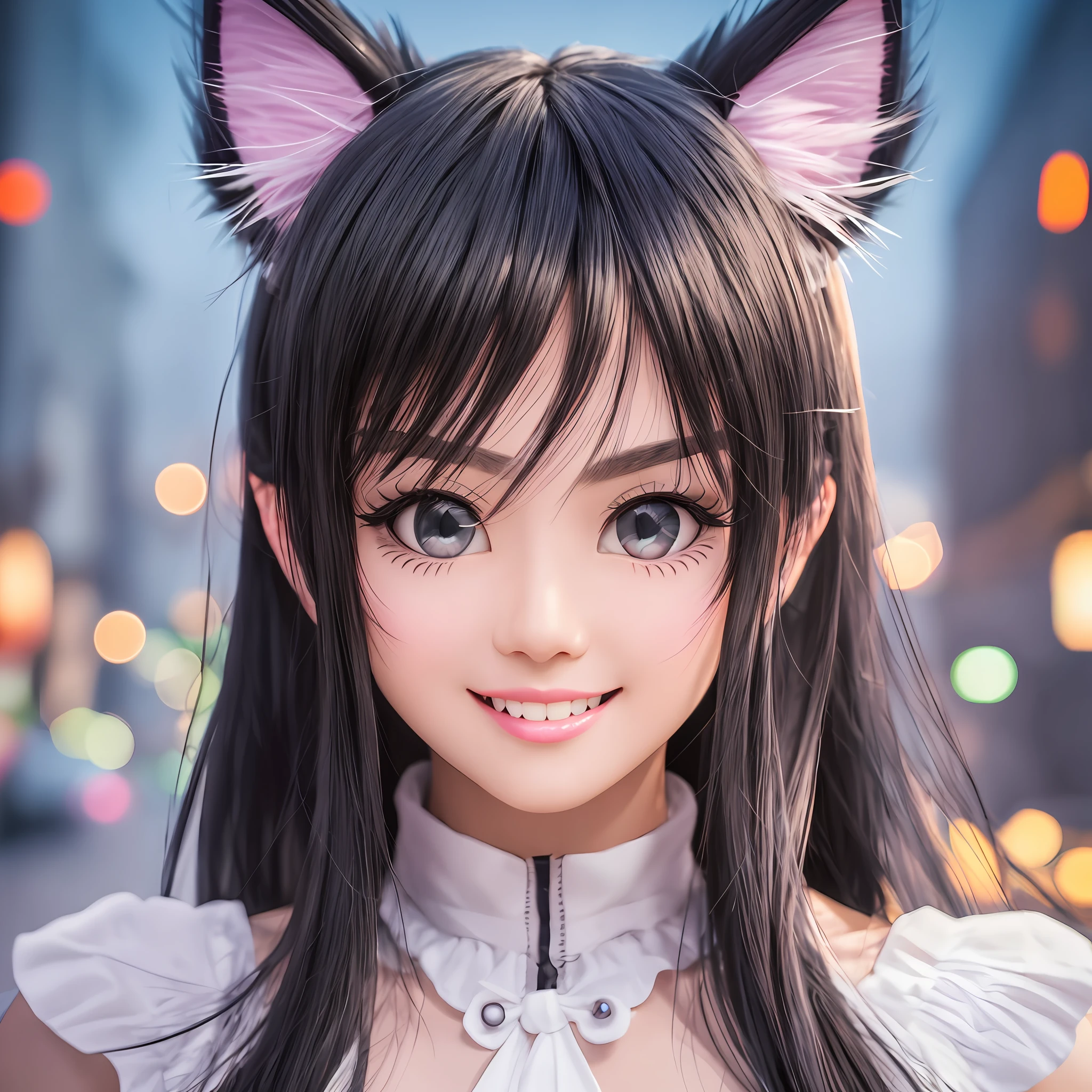 black hair, hair bobbles, wince, longeyelashes, solid circle eyes, fake animal ears, light smile, ear blush, fang, Surrealism, drop shadow, anaglyph, stereogram, tachi-e, pov, atmospheric perspective, 8k, super detail, ccurate, best quality --auto --s2