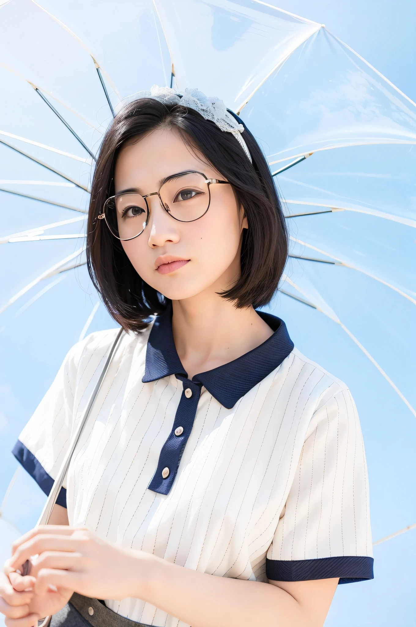 In the blue sky, a female figure wearing thin large round glasses, small round glasses and an umbrella is named Chen Xintong, Li Zixin, Lin Qifeng, Ye Wenfei, Du Juan, Lin Wenjun and Jin Yiwei. The woman is a high-quality portrait, similar to the cover photo portrait of Liu Chengyou and the girl with glasses. --auto --s2