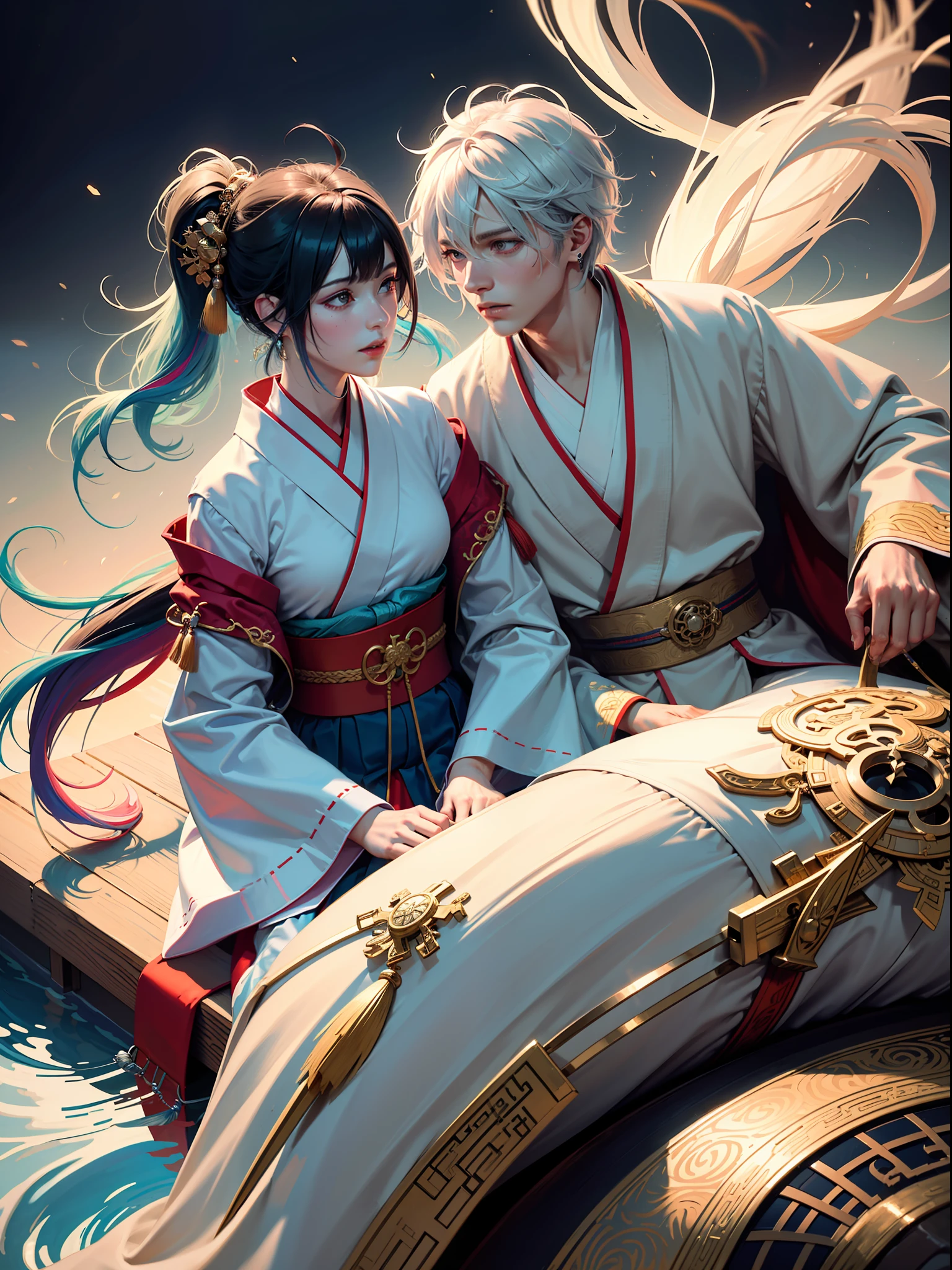 Concept Art, "1 Couple, Male Focus, Fin Ears, Multicolored Hair, Handsome Boy, Long White Hair, Tassels, Bangs, Carp, Colorful, Bold Colors, White Kimono, (Open) Kimono, Traditional Chinese Clothing, Close-up, Intimate Interaction in Bed, Stud Earrings, Rings, Sweat, Illuminate People", Colorful, Master Composition, Focus on Key Figures, Realism, Masterpiece, Award-Standing, Best Quality, Masterpiece, Ultra Detailed, 8K, Extremely Detailed CG Unity 8k wallpaper, complex, highly detailedrealistic