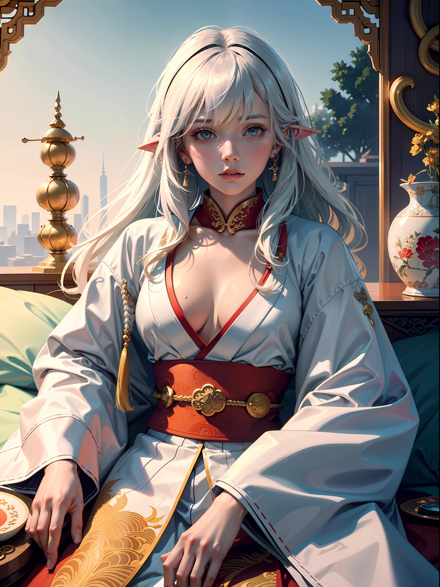 Concept Art, "1 Couple, Male Focus, Fin Ears, Multicolored Hair, Handsome Boy, Long White Hair, Tassels, Bangs, Carp, Colorful, Bold Colors, White Kimono, (Open) Kimono, Traditional Chinese Clothing, Close-up, Intimate Interaction in Bed, Stud Earrings, Rings, Sweat, Illuminate People", Colorful, Master Composition, Focus on Key Figures, Realism, Masterpiece, Award-Standing, Best Quality, Masterpiece, Ultra Detailed, 8K, Extremely Detailed CG Unity 8k wallpaper, complex, highly detailedrealistic