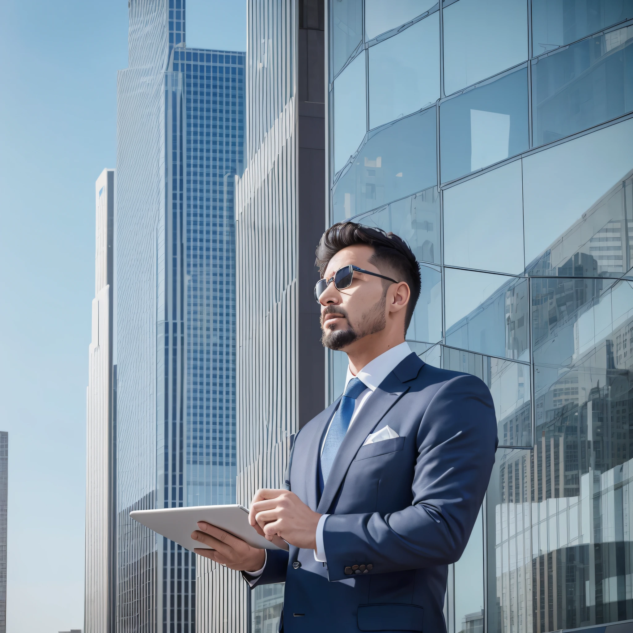 Imagine a successful real estate developer in front of a large development. He is dressed elegantly, in a dark suit and a contrasting tie. In one hand, he holds a modern tablet, which displays graphs and numbers related to the real estate project. The development in the background is a modern and imposing building, with several windows that reflect the blue sky. Use a high-resolution DSLR camera, such as the Canon EOS 5D Mark IV, with a 50mm lens to capture this scene in vivid detail. Lighting should be natural, with daylight providing a soft glow to the scene. The colors should be realistic, with the blue of the sky and the gray of the building dominating the image. The composition must be balanced, with the entrepreneur at the center and the enterprise in the background. --Air 16:9 --V 5.1 --Style Raw --Q 2 --s 750 --auto --s2