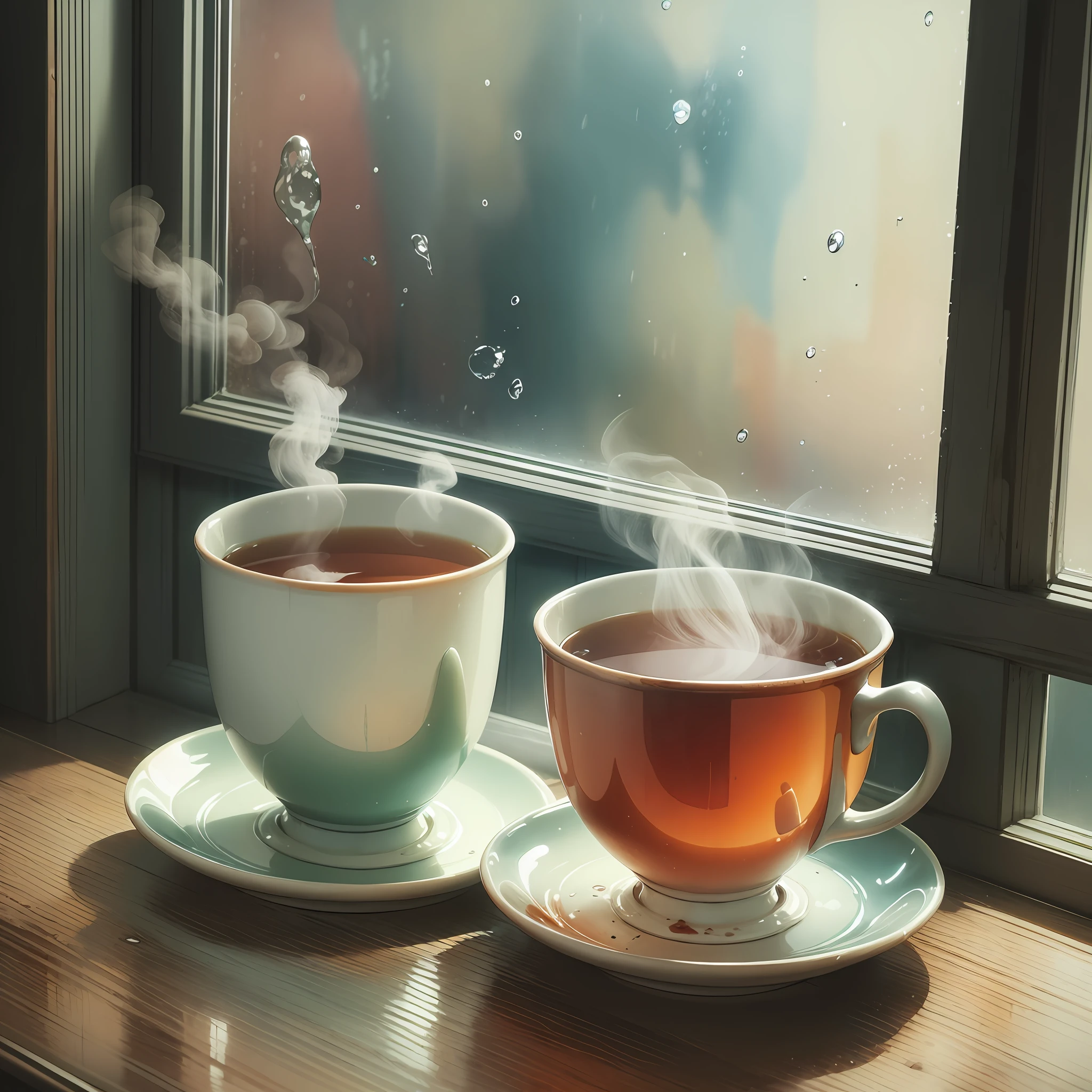 Two cups of hot tea, there's steam coming out of them, they're in front of a window, there's raindrops on the window, beautiful painting, watercolor style --auto --s2