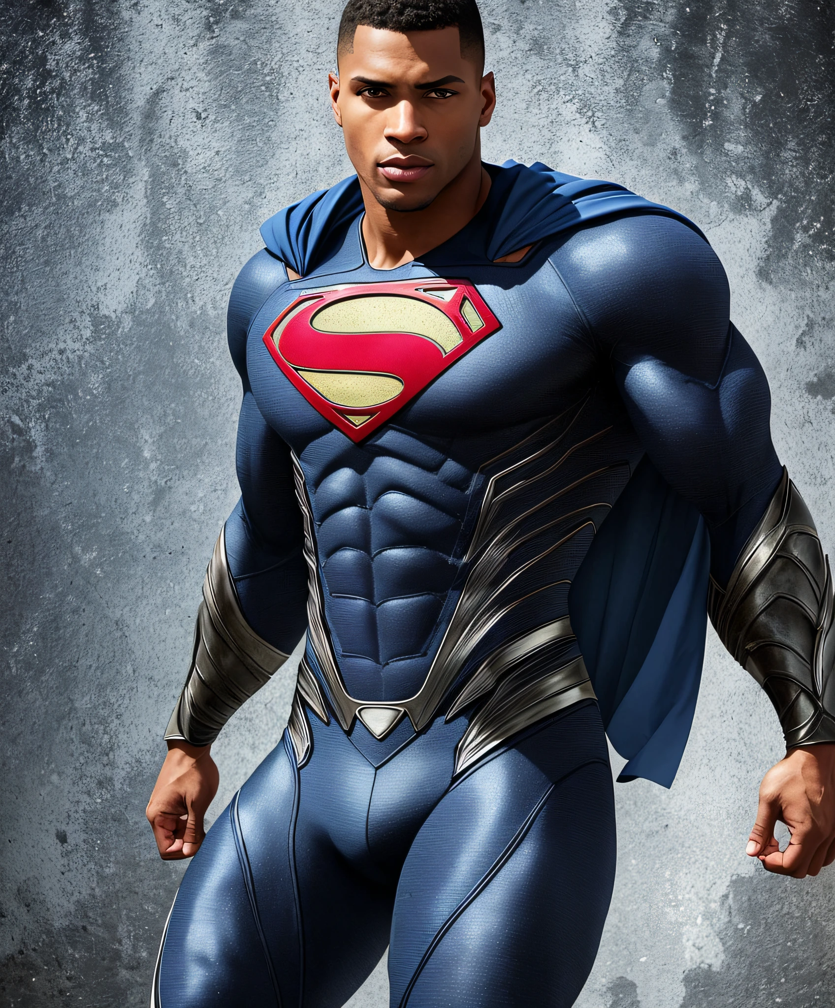 black man fashion model 25 years, dark blue superman suit [[[[closeup]]]], [[[[[pectoral]]]], [[[[sturdy neck]]]], [[[broad shoulders]]]], perfect eyes, perfect blue irises, perfect lips, perfect teeth, perfect skin, soft front light, brightness, HDR, (soft colors: 1.2) muscular body, realistic metropolis landscape, day,, professional lighting, photon mapping, radiosity, flying, muscles inspired by a viking, shaved hair