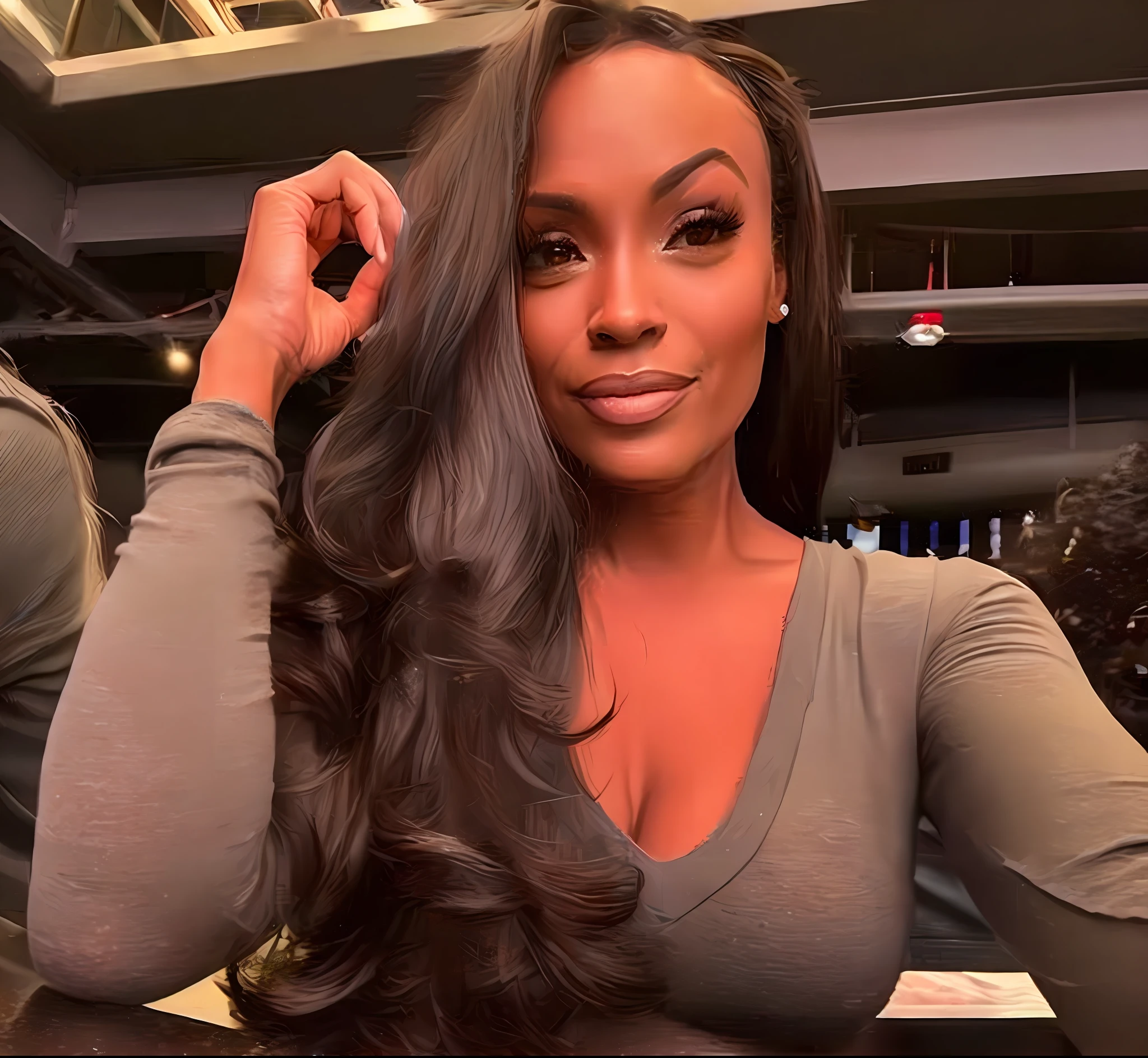 Beautiful black, wavy black hair, full breasts, fleshy mouth, gray blouse