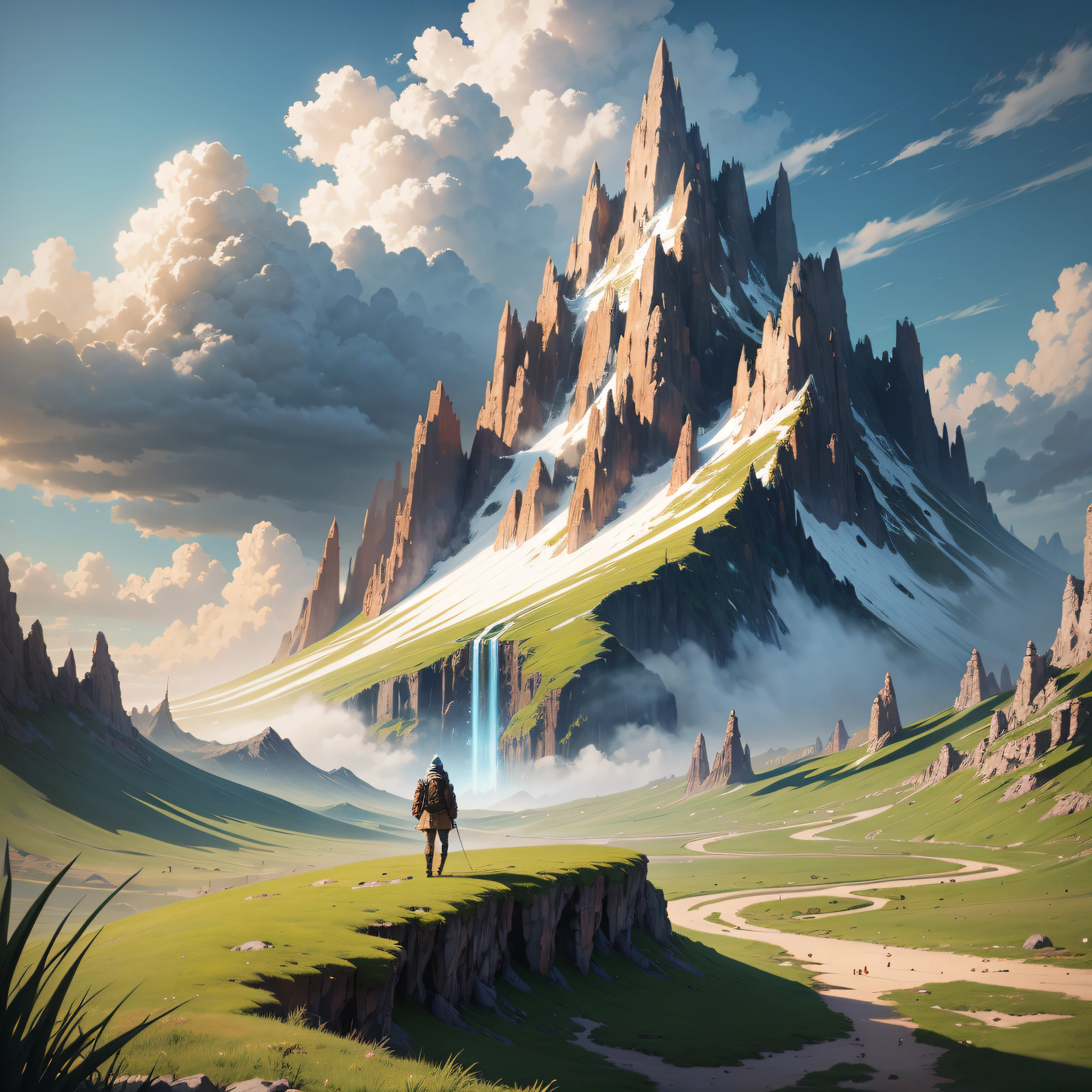 Conceptart, Concept Art, Samia, tree, scenery, cloud, outdoors, sky, day, mountain, grass, nature, mksks style, best quality, perfect --auto --s2