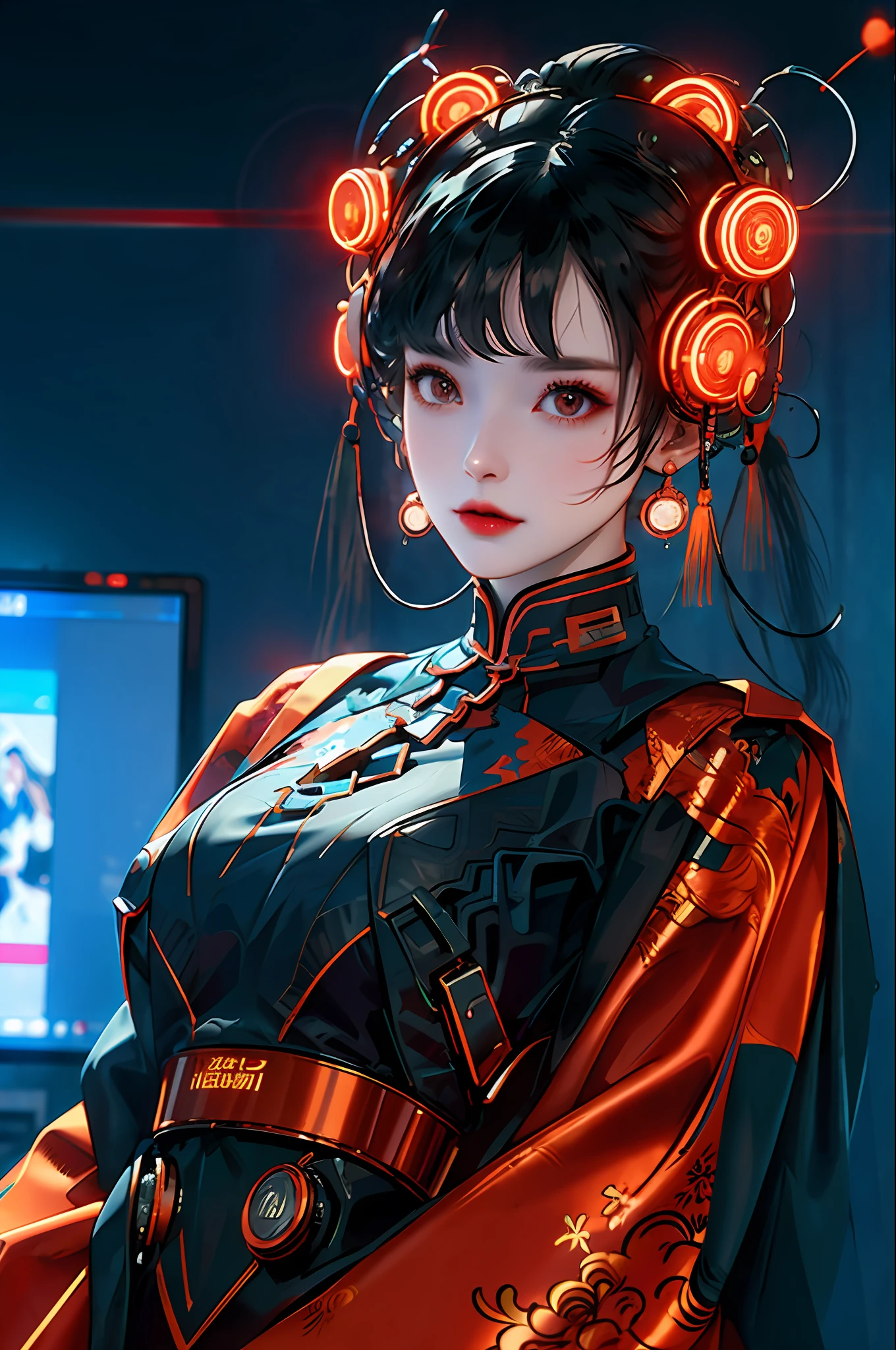 1 Girl, Chinese_clothes, black and orange, cyberhan, cheongsam, cyberpunk city, dynamic pose, glowing headphones, glowing hair accessories, long hair, glowing earrings, glowing necklace, cyberpunk, high-tech city, full of mechanical and futuristic elements, futurism, technology, glowing neon, orange, orange light, laser, digital background city sky, big moon, with vehicles, best quality, masterpiece, 8K, character edge light, super high detail, high quality, high quality, the most beautiful woman in man, a lot of advertising light box in the background