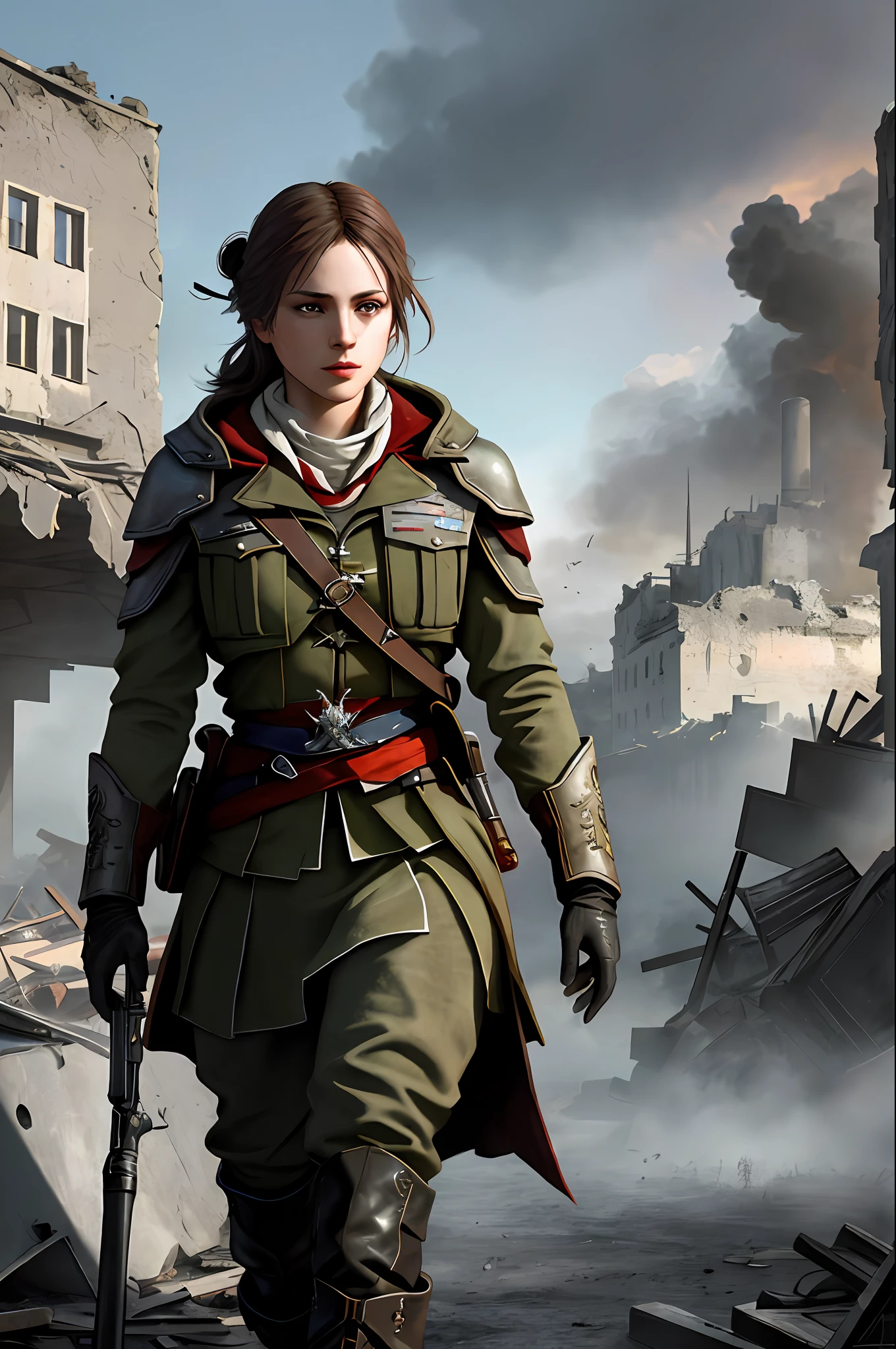 Create a compelling Assassin’s Creed Concept Art piece inspired by the WW2 era, crafted in the style of ultra-realistic visuals with meticulous attention to detail. Portray a young and captivating European girl adorned in a worn Germany military uniform, her face obscured by a hood. Set the scene amidst the haunting aftermath of a battlefield, showcasing the devastation and destruction left in the wake of war. Emphasize the realism and intricacy of the environment, capturing the gritty textures, shattered structures, and somber atmosphere in stunning 8K resolution.