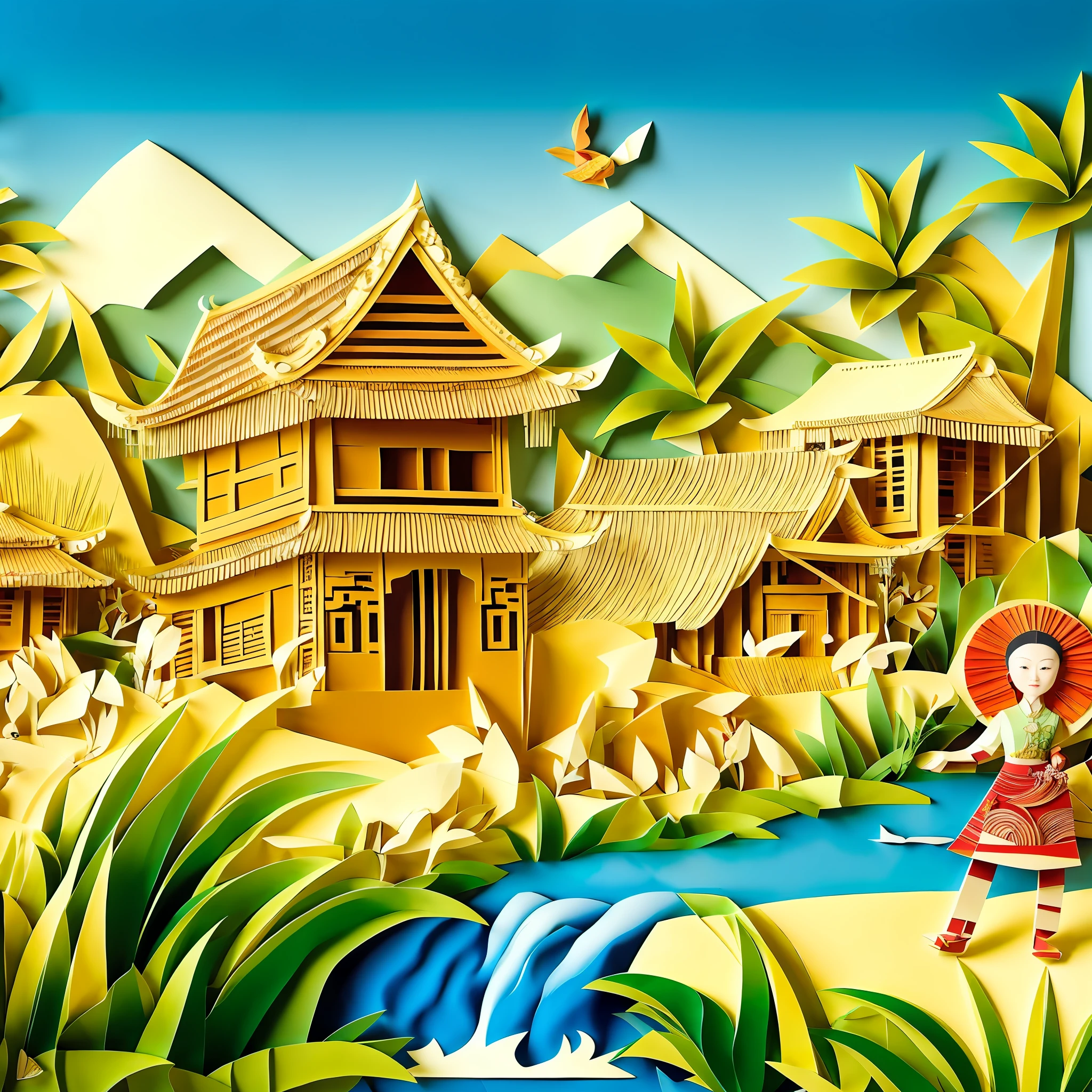 a painting of a woman in a red dress standing in front of a river, scenery art detailed, a beautiful artwork illustration, old asian village, vietnamese temple scene, chinese village, traditional folk art style, artwork in style of sheng lam, breathtaking art, paper art, paper cut art, kirigami, layered paper art, thailand art, do hoang tuong artwork