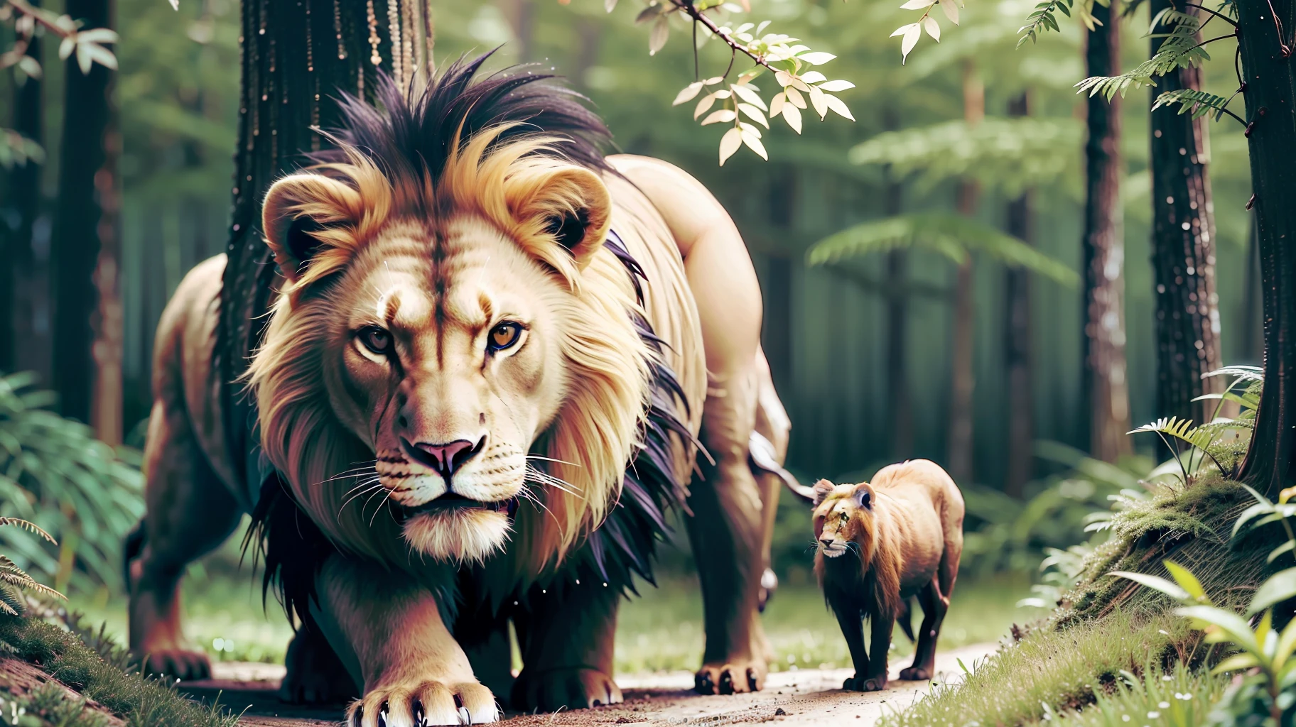 Create a dense forest, a majestic lion and lots of animals