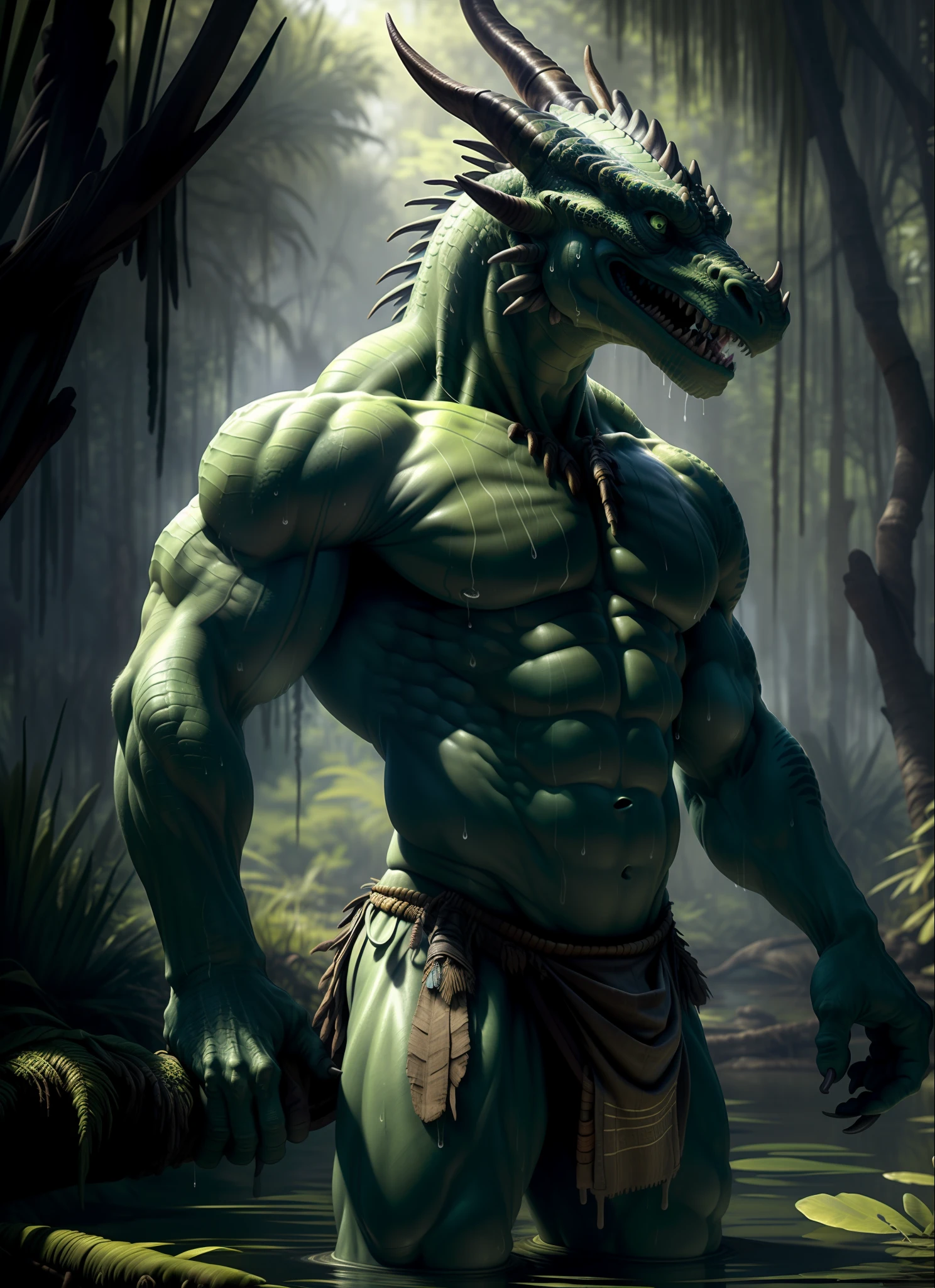 sweat drops, photography, (cool posing:1.1025), smooth skin, ultra realism shading, anthro, green, dragon, photorealistic, nude, suggestive, (rembrandt:1.1025), huge pecs, tribal, warrior, biceps, (loincloth:1.05), tiny small waist, slim hunk, nsfw, in a swamp, white belly, tail