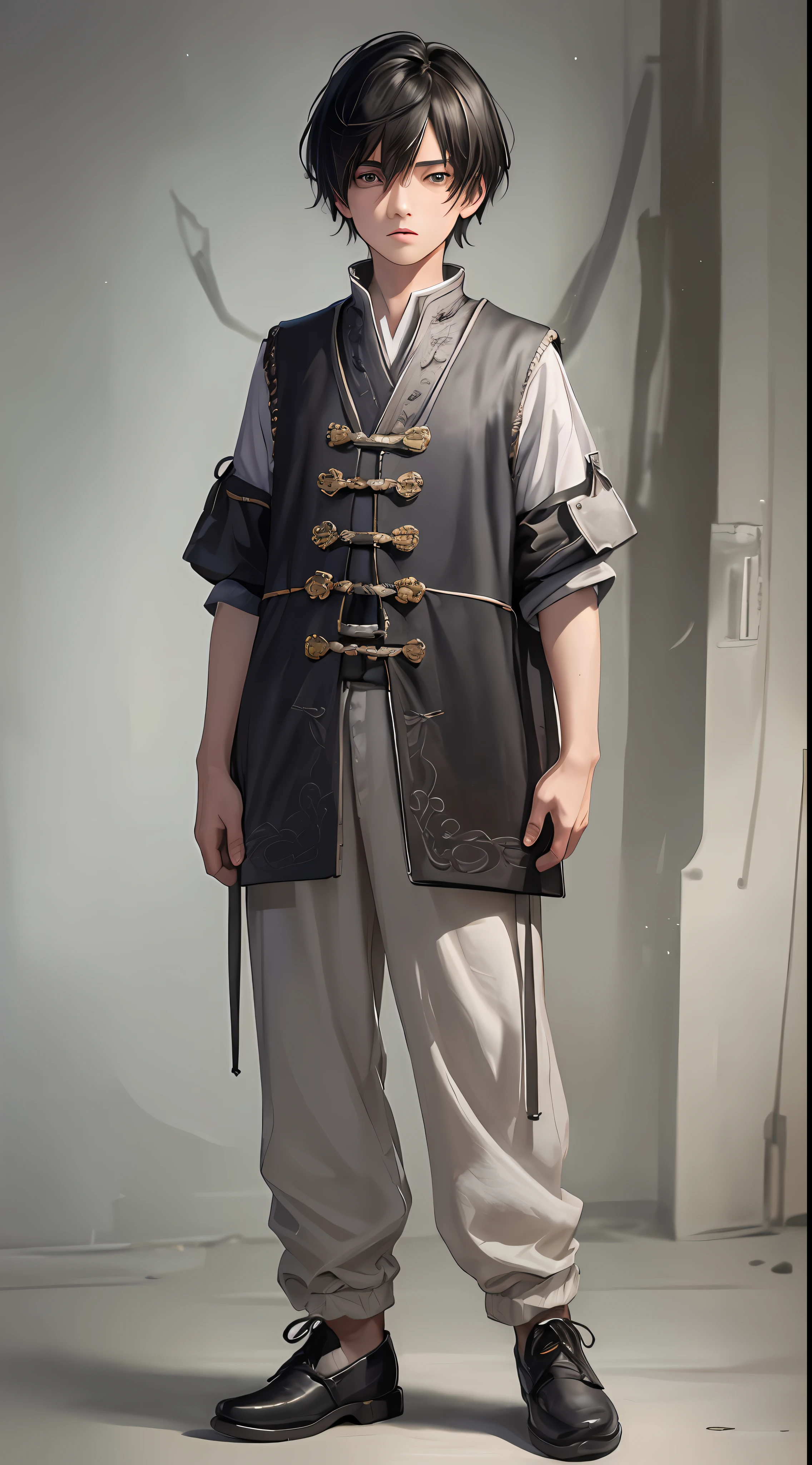 1 boy, serious, a serious book, simple clothes, coarse cloth, shabby village, solo, desolate ((ultra-realistic details)), Chinese style, panorama, full body, global illumination, clear facial features, short black hair, shabby clothes, sloppy, 8k, a pair of bright eyes