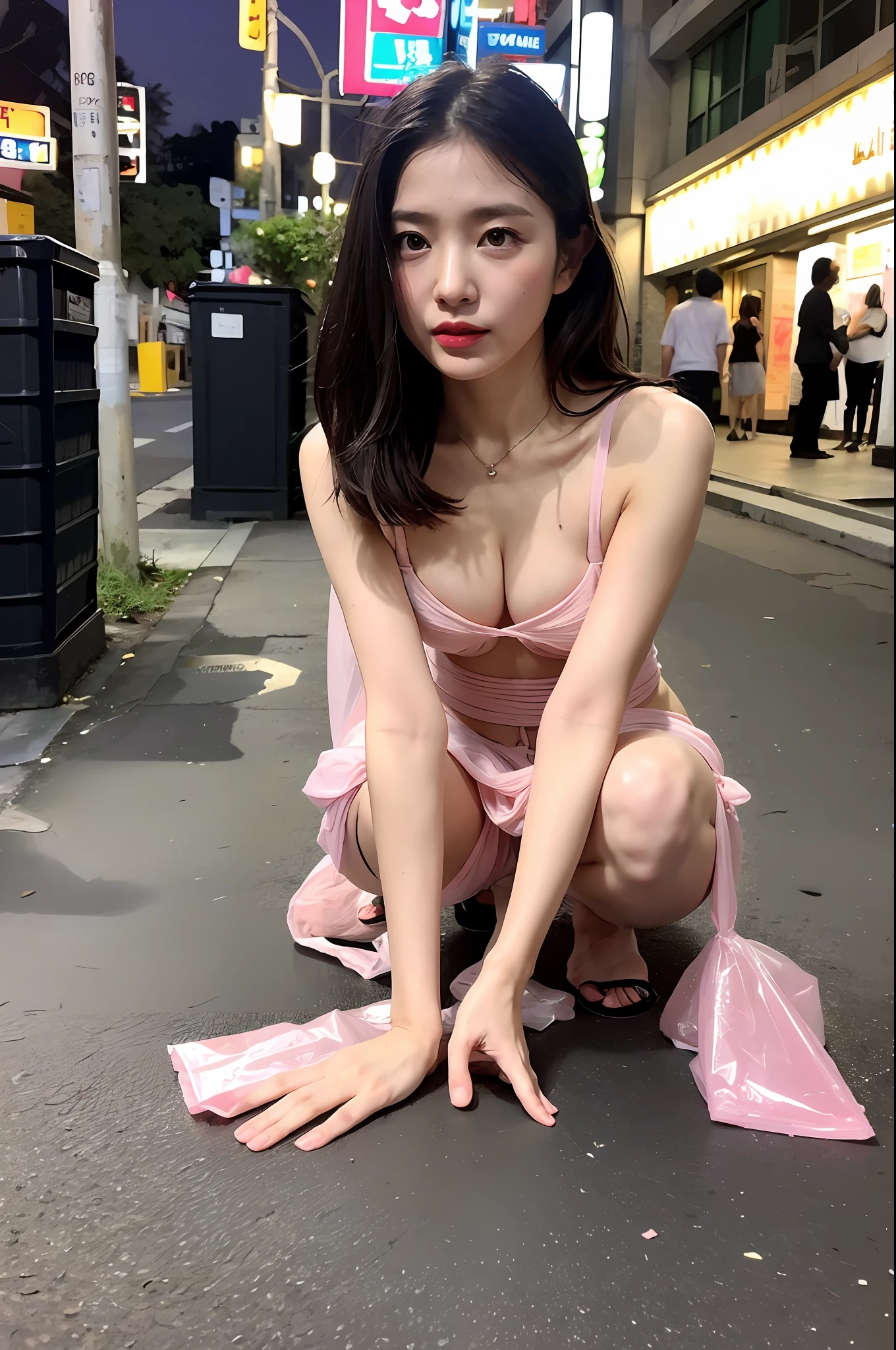 alluring stuning gorgeous posing japanese drunk homeless sexy business lady weared on naked ((dirty)) pink plastic garbage bag, ripped pink plastic garbage bag under wear, intricate enviroment, intricate texture of skin, food waste, trash, garbage, little dead rat , night, night street lights, carton boxes, cute face, sexual intention, normal legs