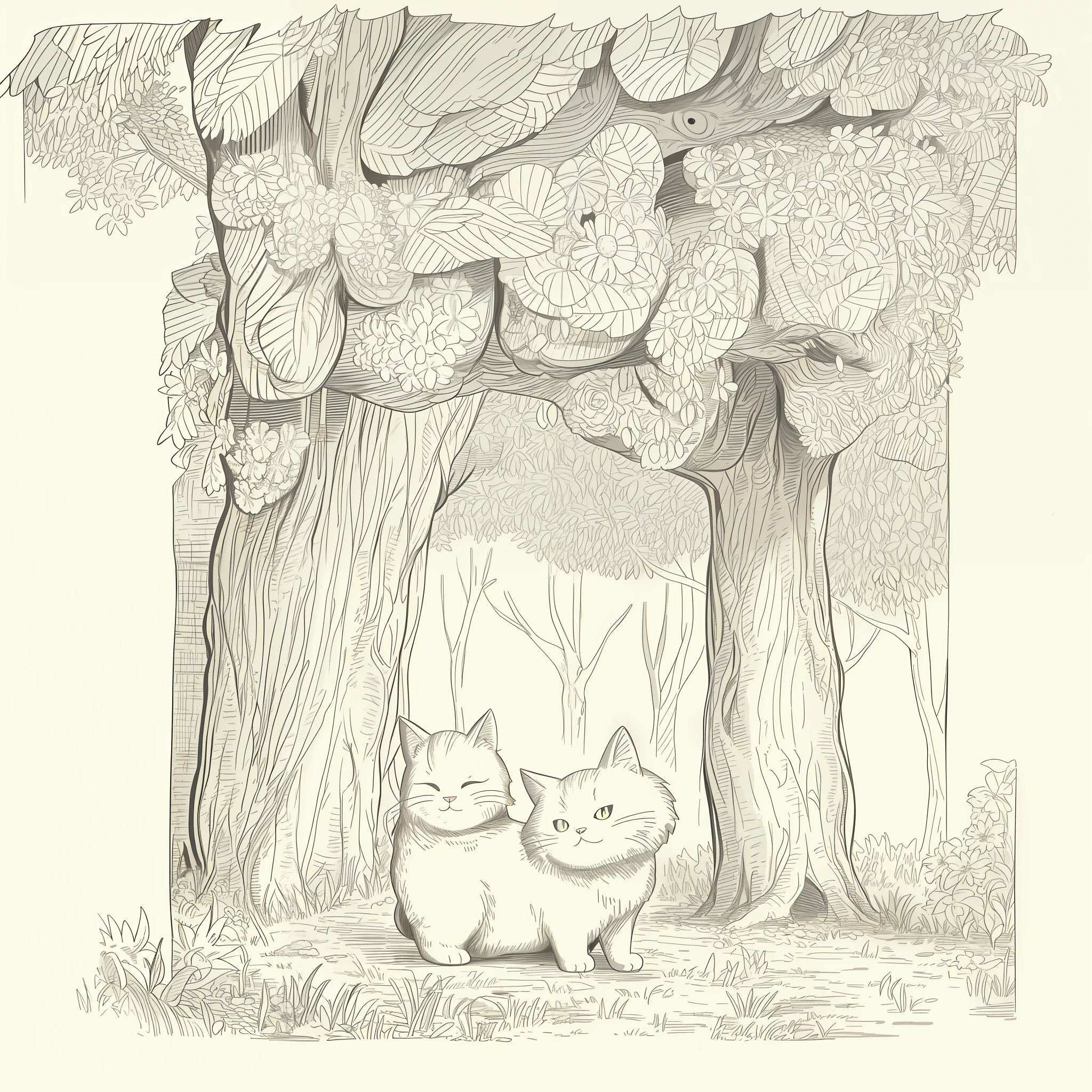 (High quality, 8k) line drawing, lineart, black and white, cute and fluffy cat in the forest with trees and flowers