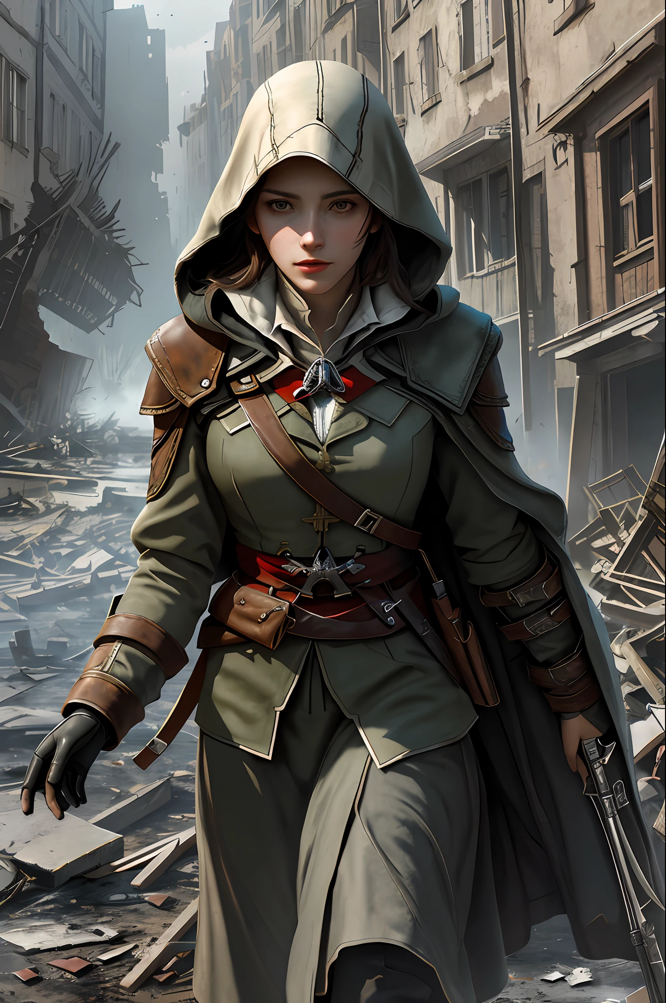 Create a compelling Assassin’s Creed Concept Art piece inspired by the WW2 era, crafted in the style of ultra-realistic visuals with meticulous attention to detail. Portray a young and captivating European girl adorned in a worn Germany military uniform, her face obscured by a hood. Set the scene amidst the haunting aftermath of a battlefield, showcasing the devastation and destruction left in the wake of war. Emphasize the realism and intricacy of the environment, capturing the gritty textures, shattered structures, and somber atmosphere in stunning 8K resolution.