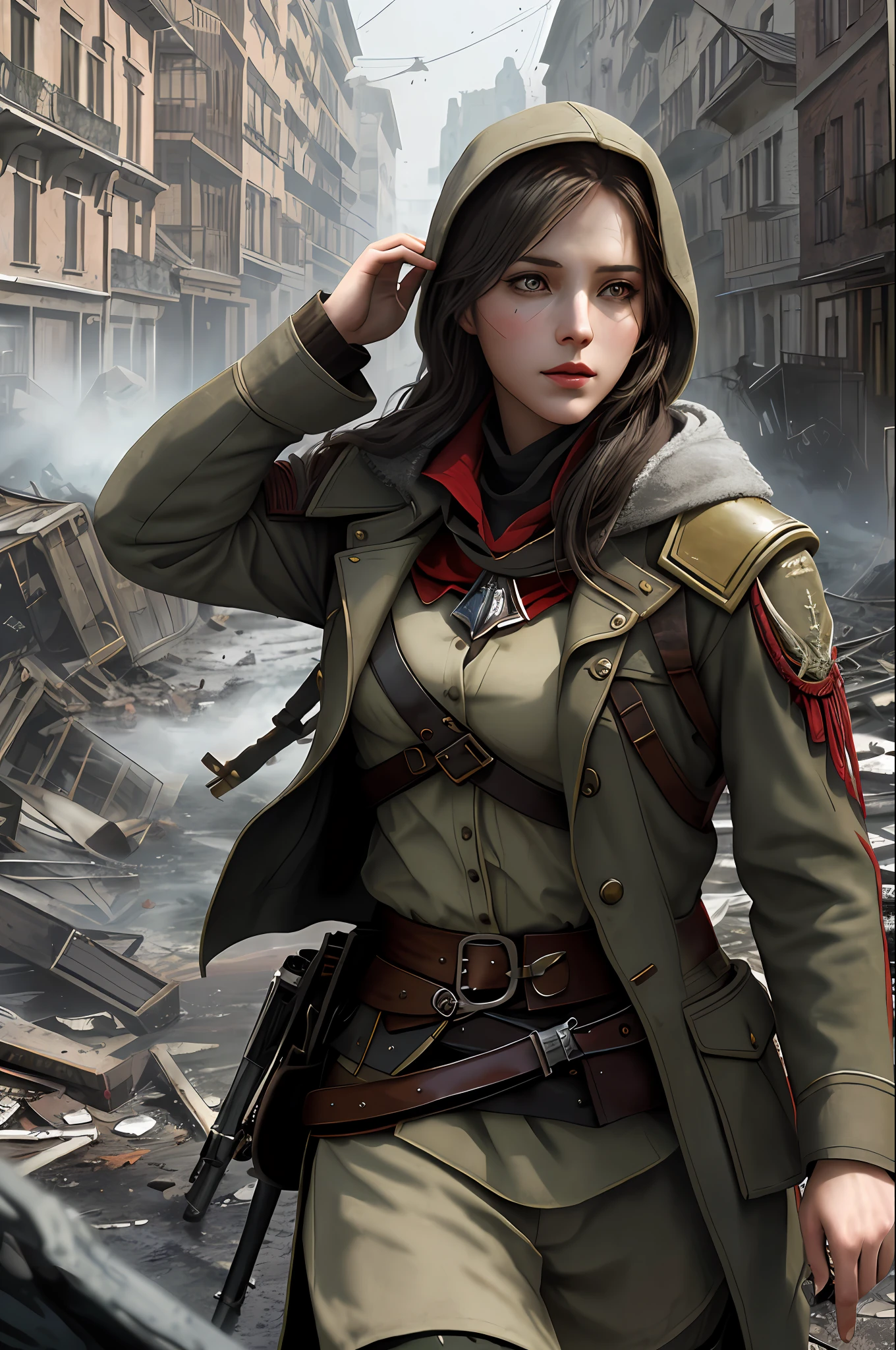 Create a compelling Assassin’s Creed Concept Art piece inspired by the WW2 era, crafted in the style of ultra-realistic visuals with meticulous attention to detail. Portray a young and captivating European girl adorned in a worn Germany military uniform, her face obscured by a hood. Set the scene amidst the haunting aftermath of a battlefield, showcasing the devastation and destruction left in the wake of war. Emphasize the realism and intricacy of the environment, capturing the gritty textures, shattered structures, and somber atmosphere in stunning 8K resolution.