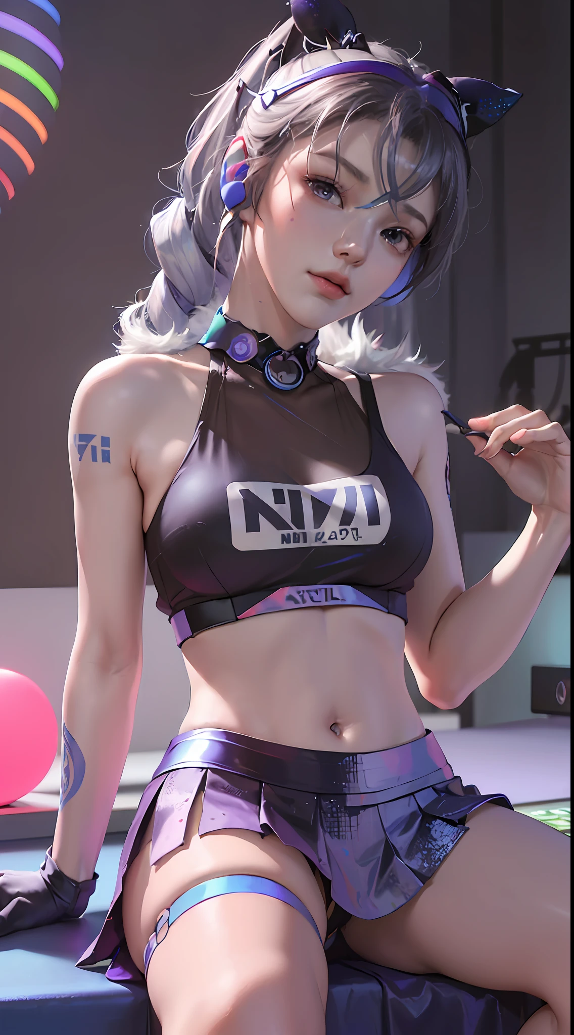 (((((7 avatar shot)))), Silver Wolf, Masterpiece, Best Quality, Ultra Detailed, Extremely Detailed 16k CG Wallpaper, Beautiful Face, (Silver Wolf in Esports Room), (Perfect Beautiful Curved Figure), Seated, Rainbow Color Jewel Eyes, Wearing Resin Hologram Sports Bra, Crop Top Drape, Mini Pleated Skirt, Bell Collar, Logo, Impotence, Contour Light, Concert, Neon Sign, Audio, Bell Collar, Esports Headset, Computer, Esports Room, Play Games, White Interior Through Red Skin, holographic projection, flat sphere, graffiti logo, highly detailed tattoo_,
Authoring information