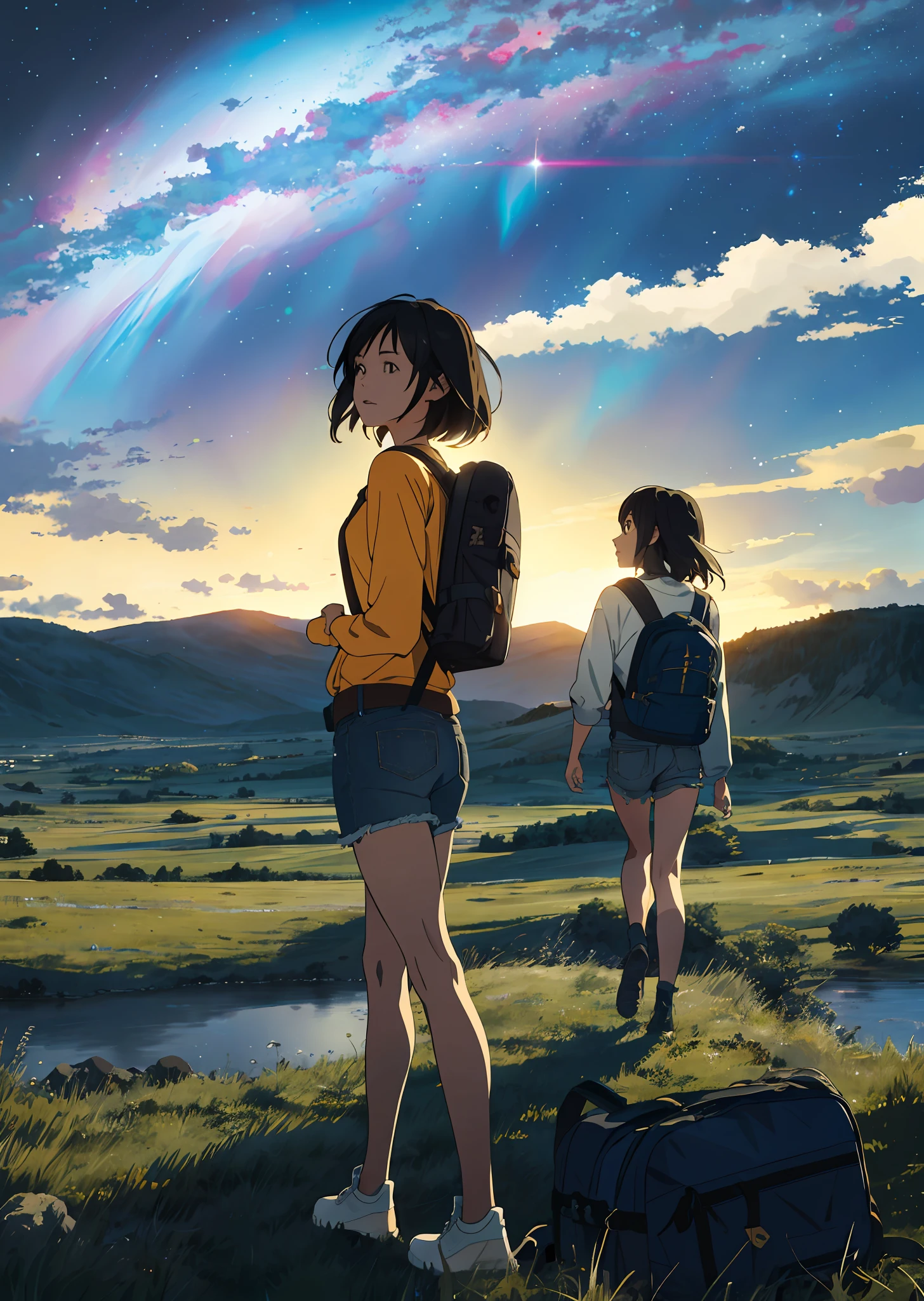 The vast starry sky, the beautiful skyline, the vast grasslands, the extremely tense and dramatic pictures, the moving visual effects, the high-hanging Polaris, and the colorful natural light. A long-sleeved top, denim shorts, and a girl with a backpack.