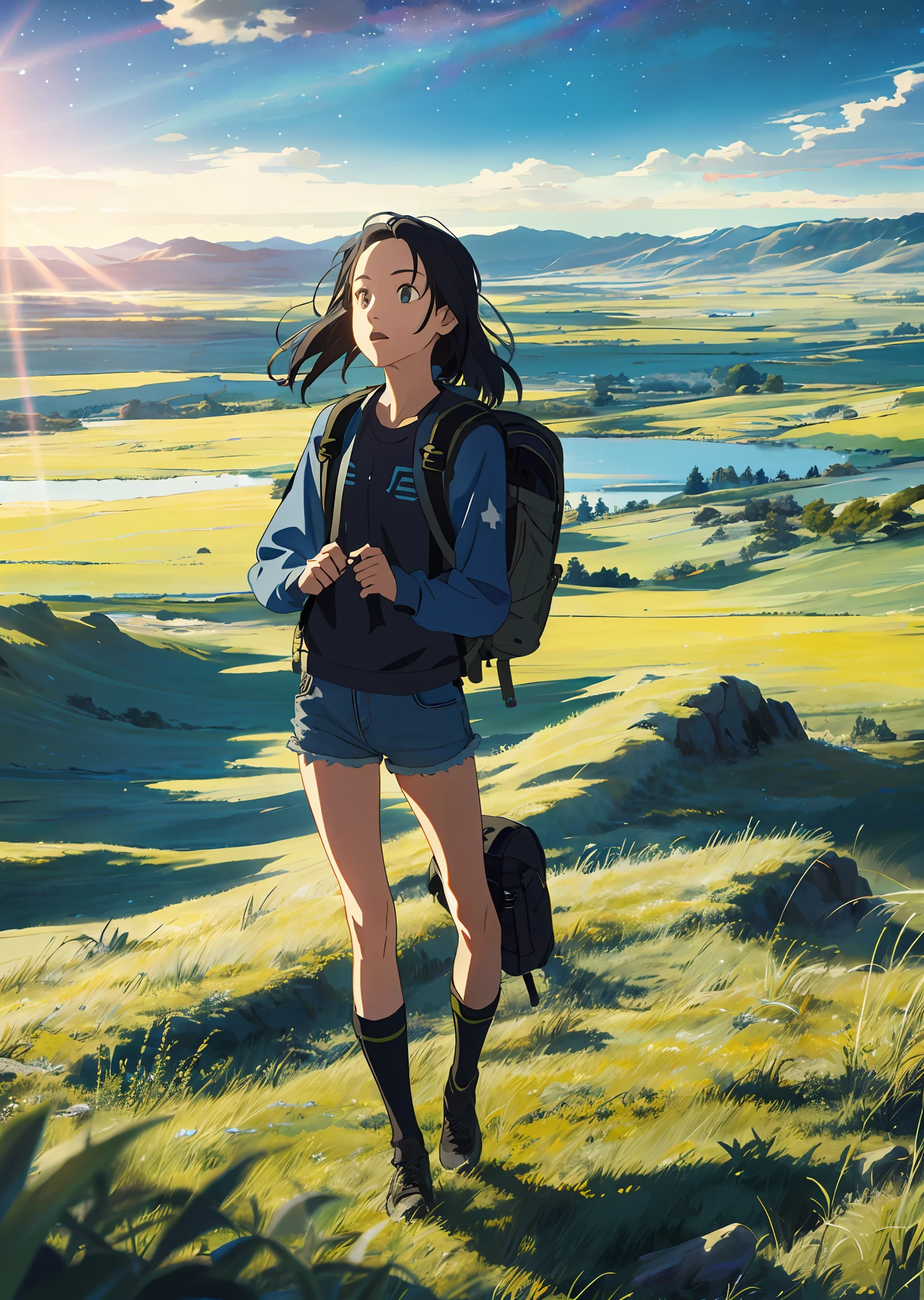 The vast starry sky, the beautiful skyline, the vast grasslands, the extremely tense and dramatic pictures, the moving visual effects, the high-hanging Polaris, and the colorful natural light. A long-sleeved top, denim shorts, and a girl with a backpack.