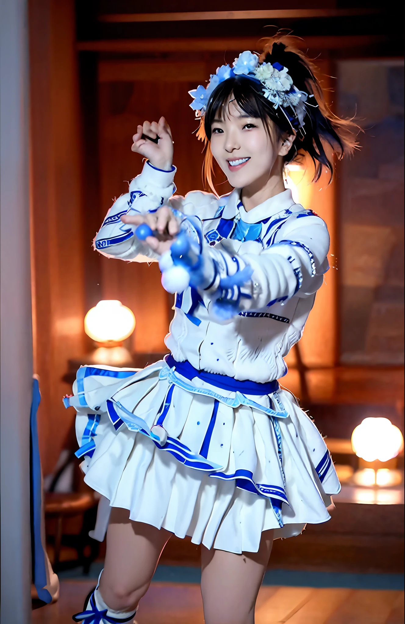 Arafetia leaders in blue and white uniforms dance, Chiho, Mayuri Shiina, Shiori Teshiroki, Makoto Shinkai, Japan mascot, Chiho Ashima, Inao Asano, Makoto, Tsubasa Nakai, Yuki Morita, Akikazu Mizuno, Asuka, Yuuki Hagure, baseball stadium, holding salmon
