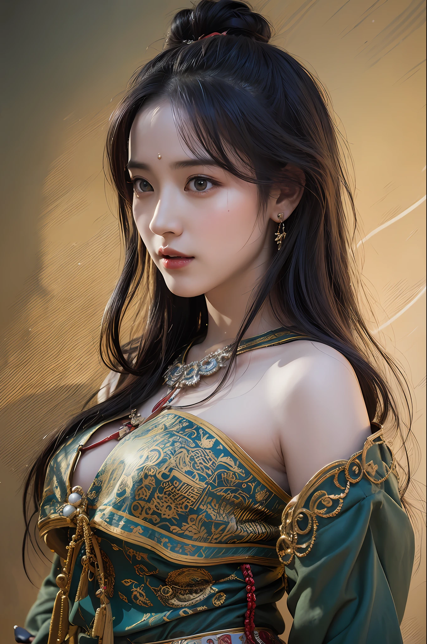 1girl, Dunhuang Flying Apsaras costume, messy long hair, Ji Jian, Dunhuang style, a lot of smoke, superb, elegant colors, (realistic, high detail, masterpiece, super detailed, dynamic angle, mural background, ink wash, amazing, movie lighting, illustration, chiaroscuro, backlighting, god rays, holland, best quality, best quality