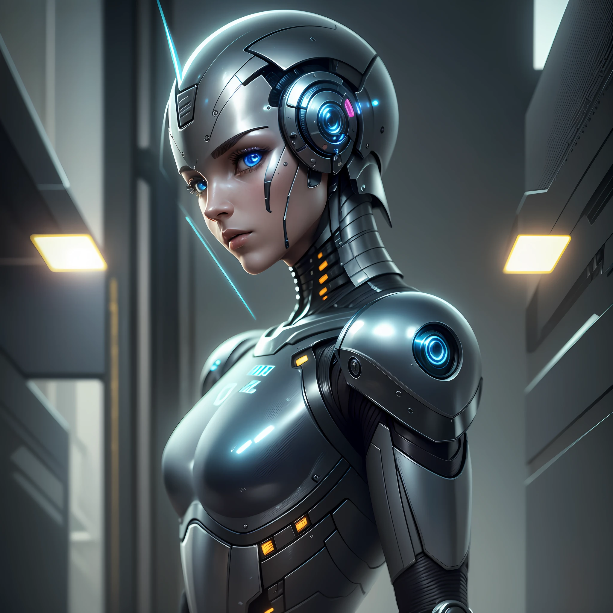realistic photography, solo, full copor, depth, best quality, a humanoid robot, with human parts, bright eyes, shiny armor, slim body, cyberpunk style, neuras colors, realistic, 8k, HDR. --auto --s2