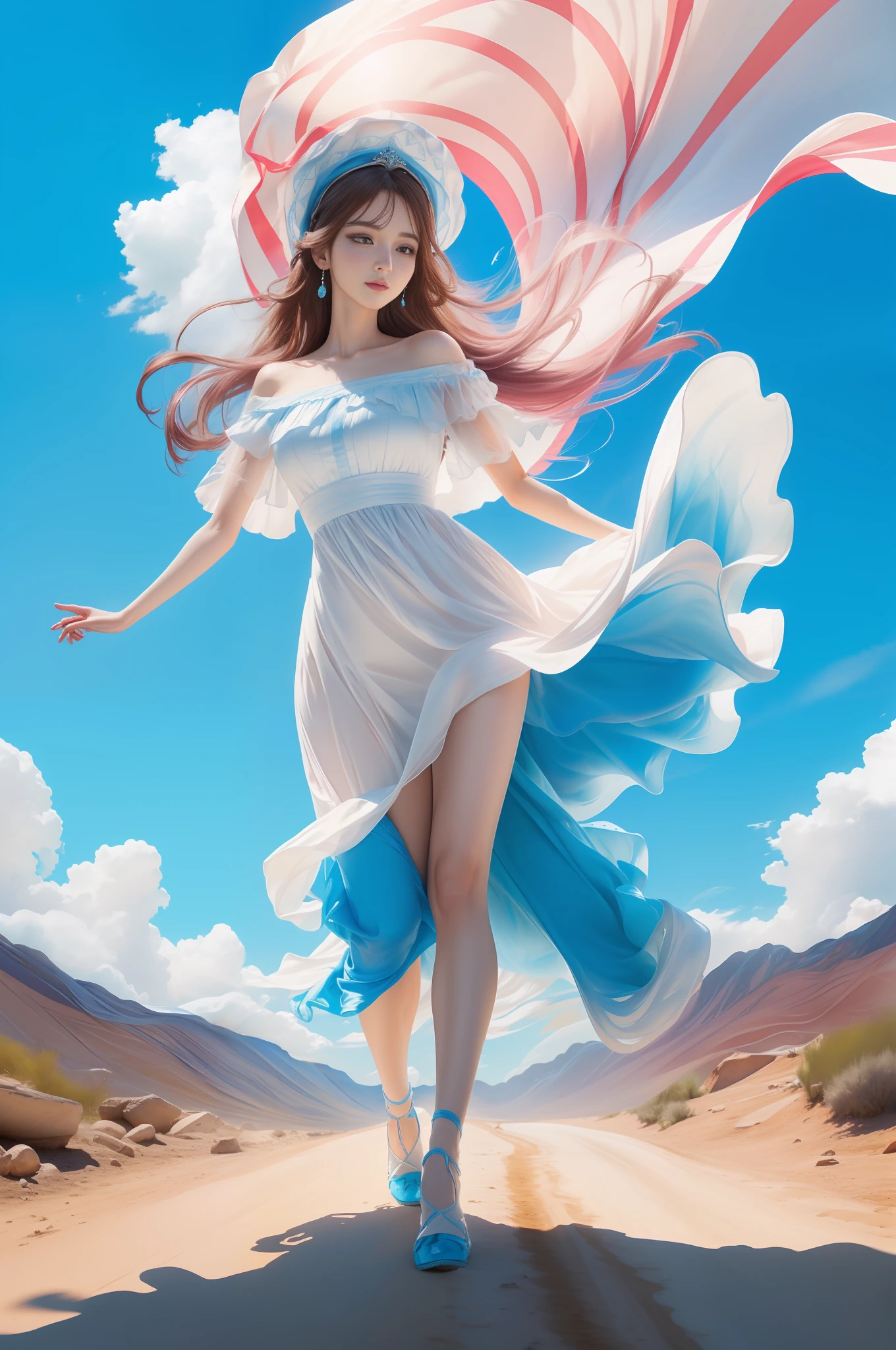 (8k, RAW photo, photorealistic:1.25, Masterpiece) ,( lip gloss, eyelashes, glossy side, shiny skin, best quality, ultra-high resolution, depth of field, chromatic aberration, caustic, wide light, natural shadow, headwear, Kpop idol) ,light pink and blue style, 1girl, (blue sky: 1.5), tall and thin beauty goddess, flowing dress, conservative girl, cloud goddess, flowing white fabric, Wearing a flowing dress, realistic, (background with blue sky and white clouds: 1.4), (wind: 1.5), (full body: 1.5), add_detail,
